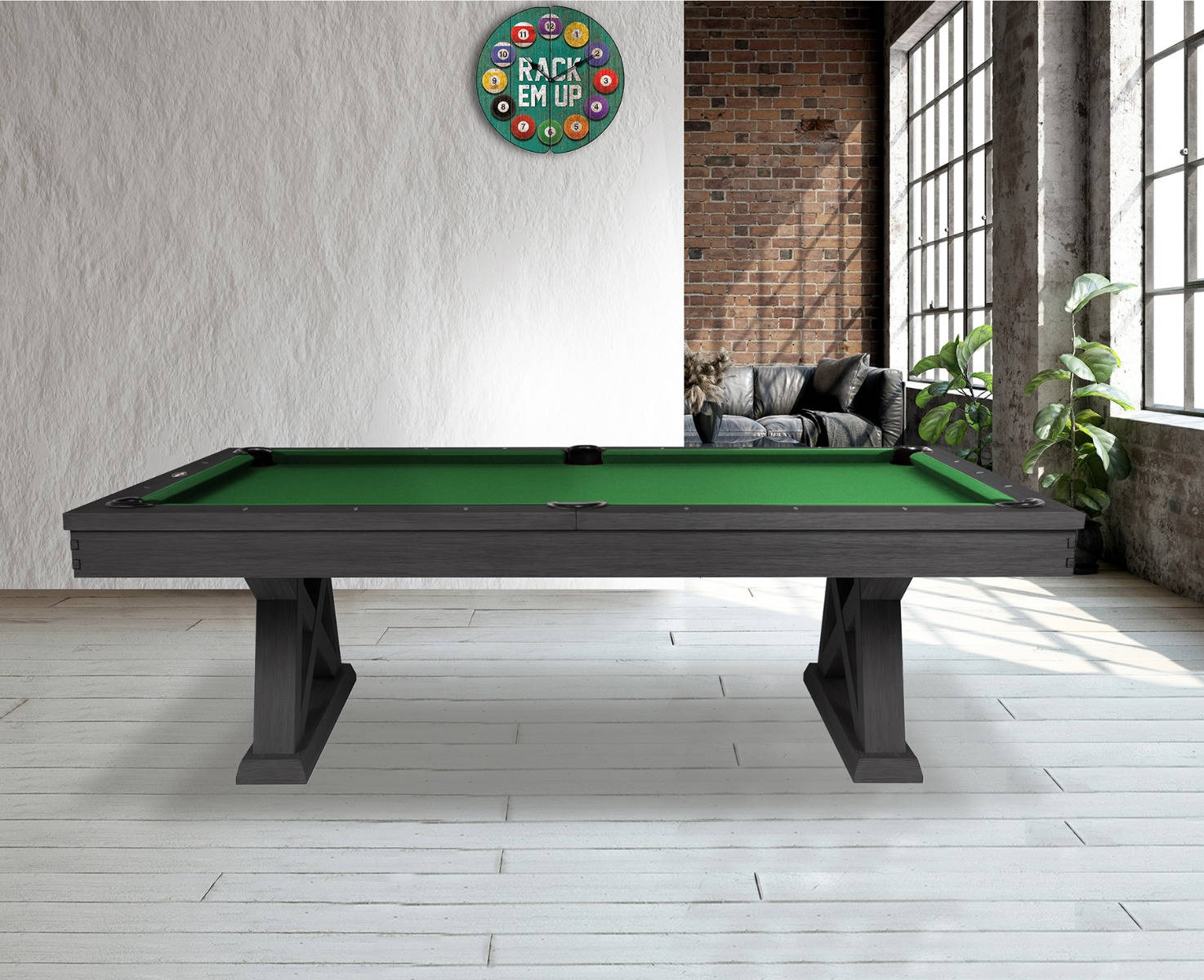 black pool table, green felt, industrial loft, HD Desktop Wallpaper