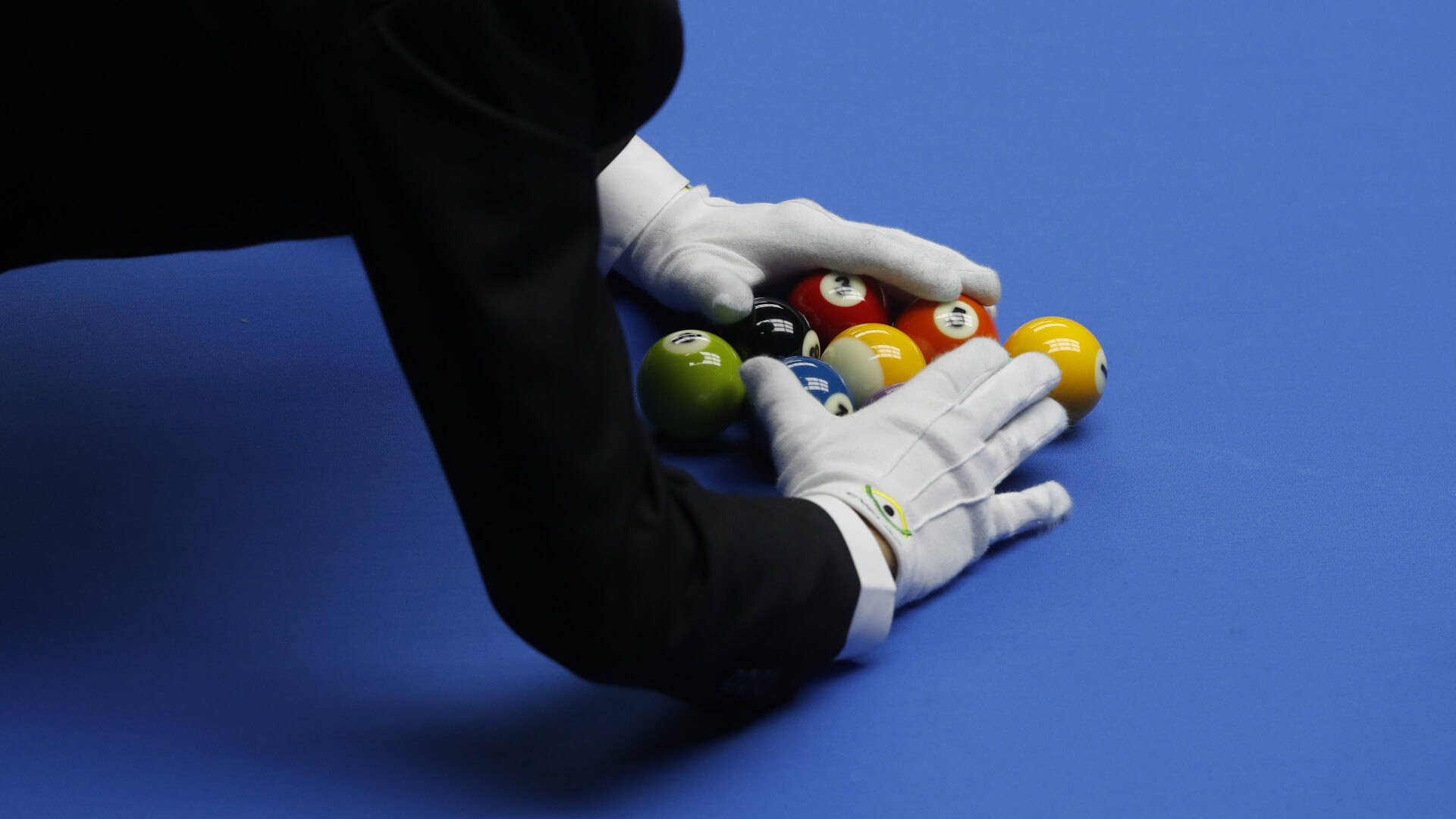 blue pool table, billiard balls, gloved hand, Full HD Desktop Wallpaper