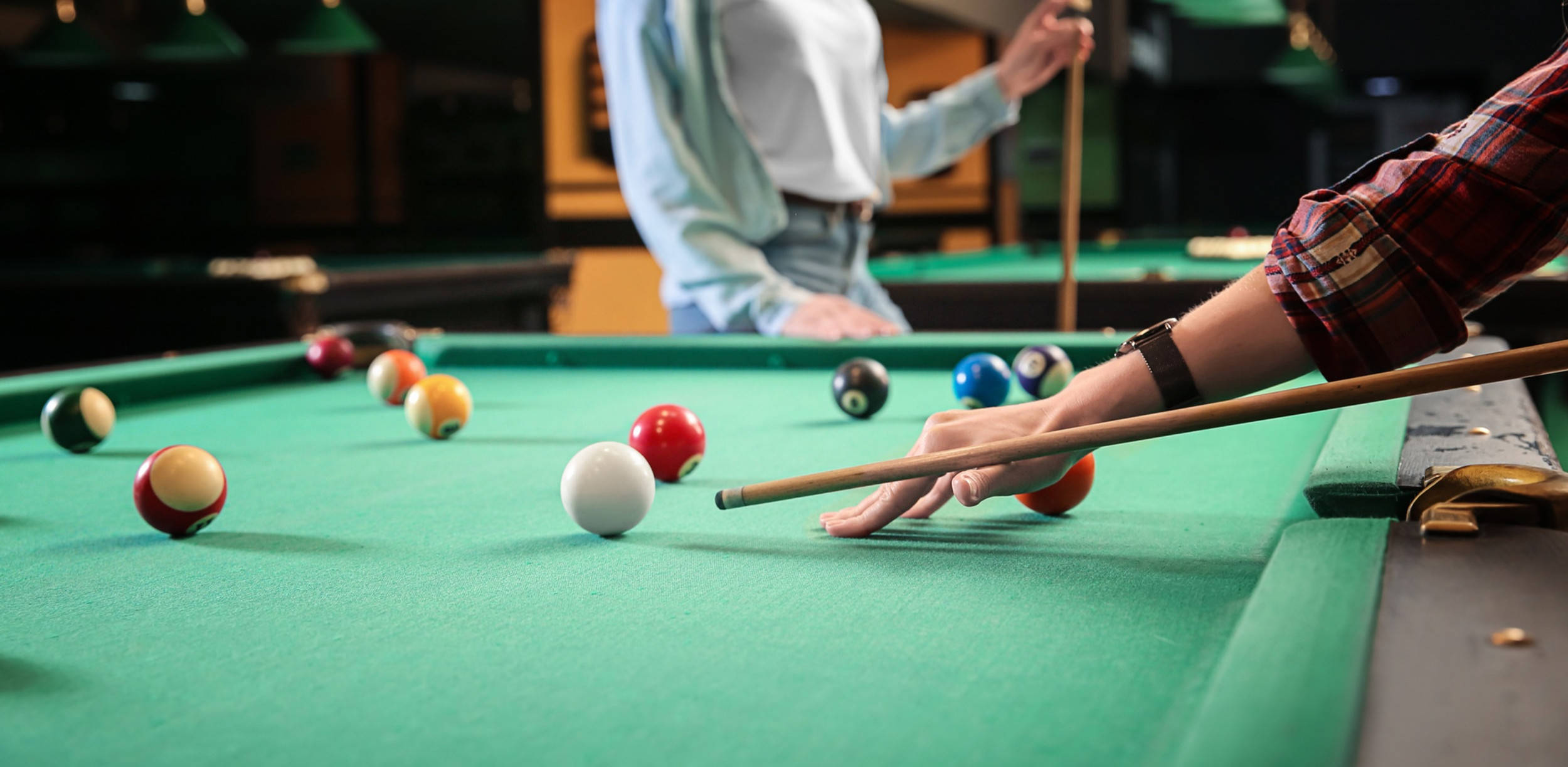 cue stick, green pool table, billiard balls, Full HD Desktop Wallpaper