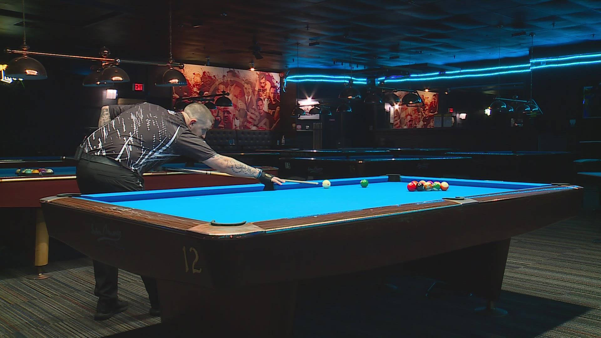 vibrant blue pool table, dim neon lights, modern bar, Full HD Desktop Wallpaper