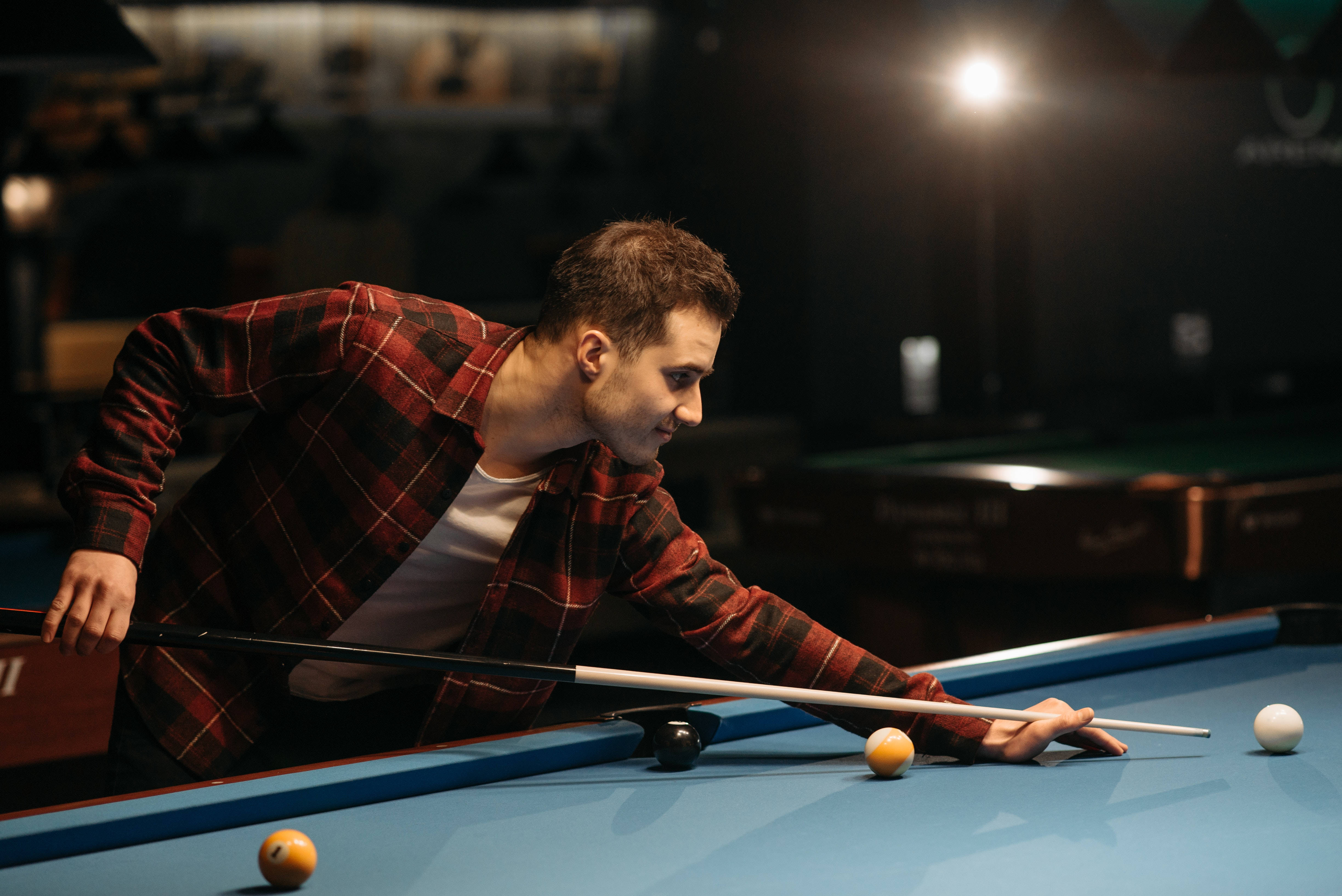 blue pool table, red plaid shirt, white ball, 4K Desktop Wallpaper