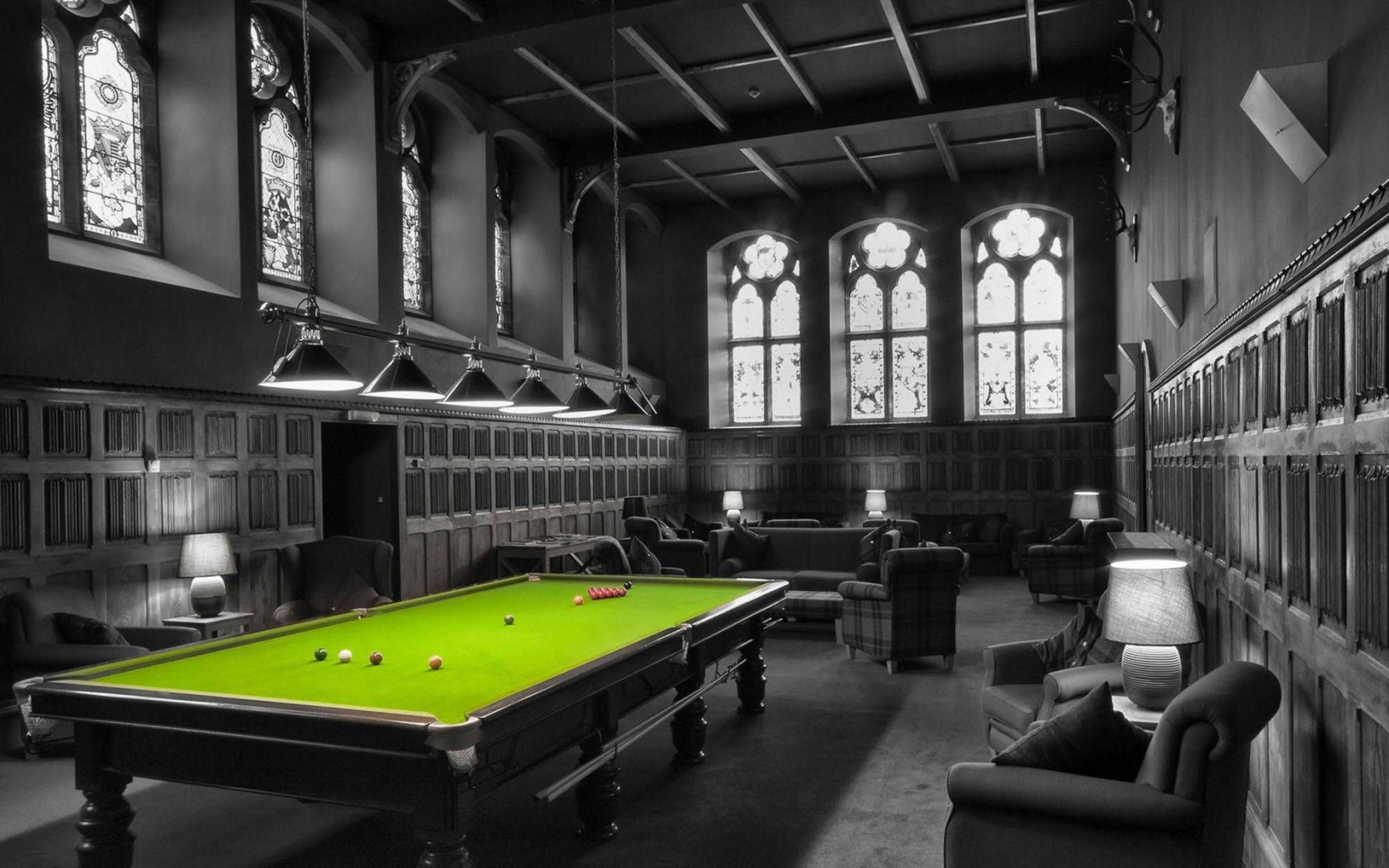 snooker table, green table, stained glass windows, Full HD Desktop Wallpaper