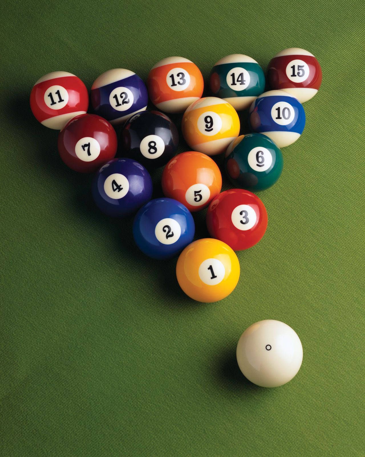 triangle formation, colorful numbered pool balls, green felt table, HD Phone Wallpaper