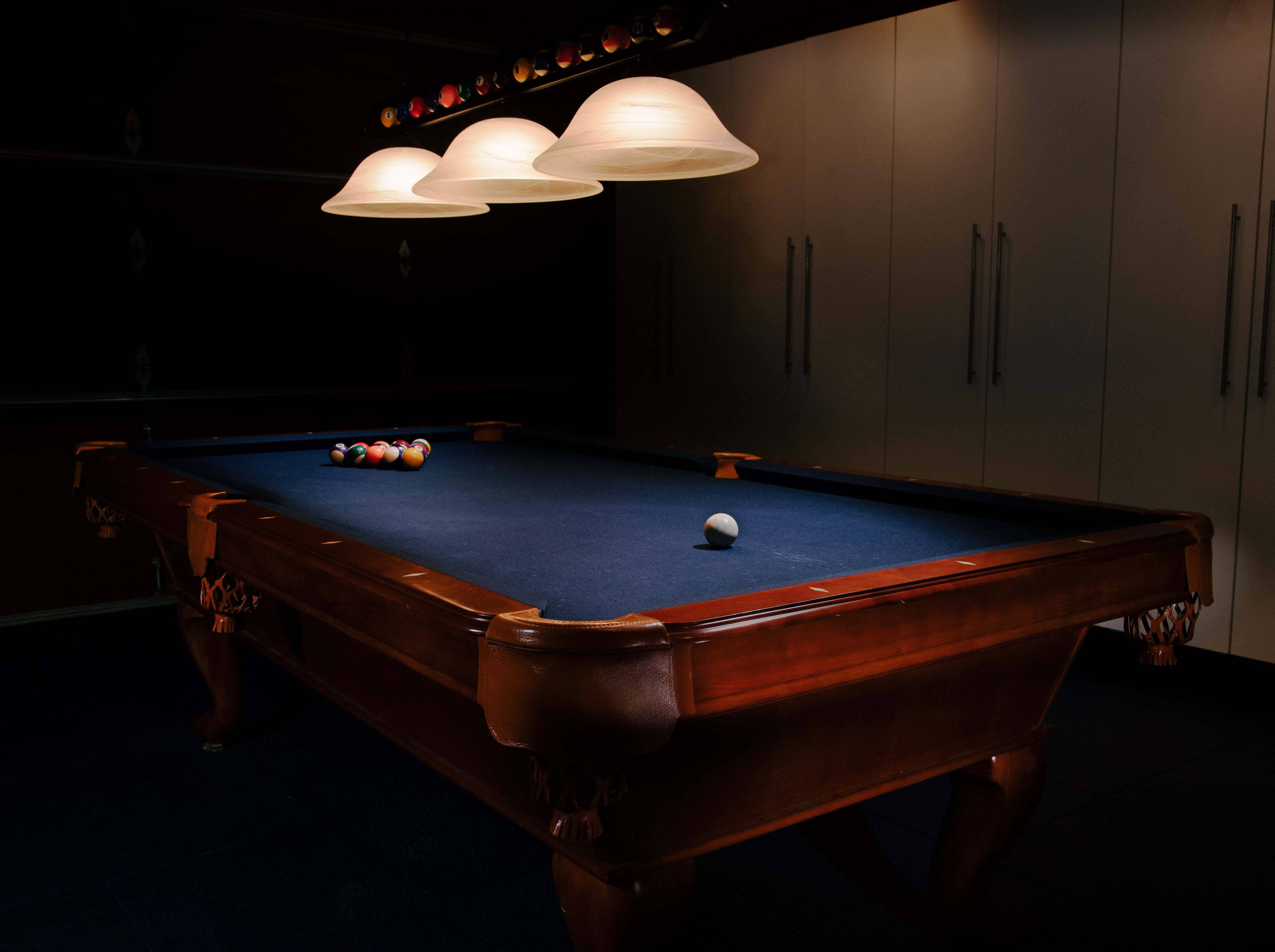 pool table, blue felt surface, wooden frame, 5K Desktop Wallpaper