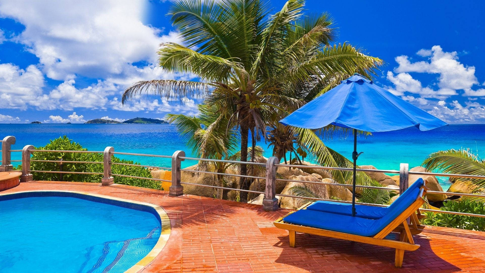 vacation swimming pool, blue umbrella, turquoise ocean, Full HD Desktop Wallpaper