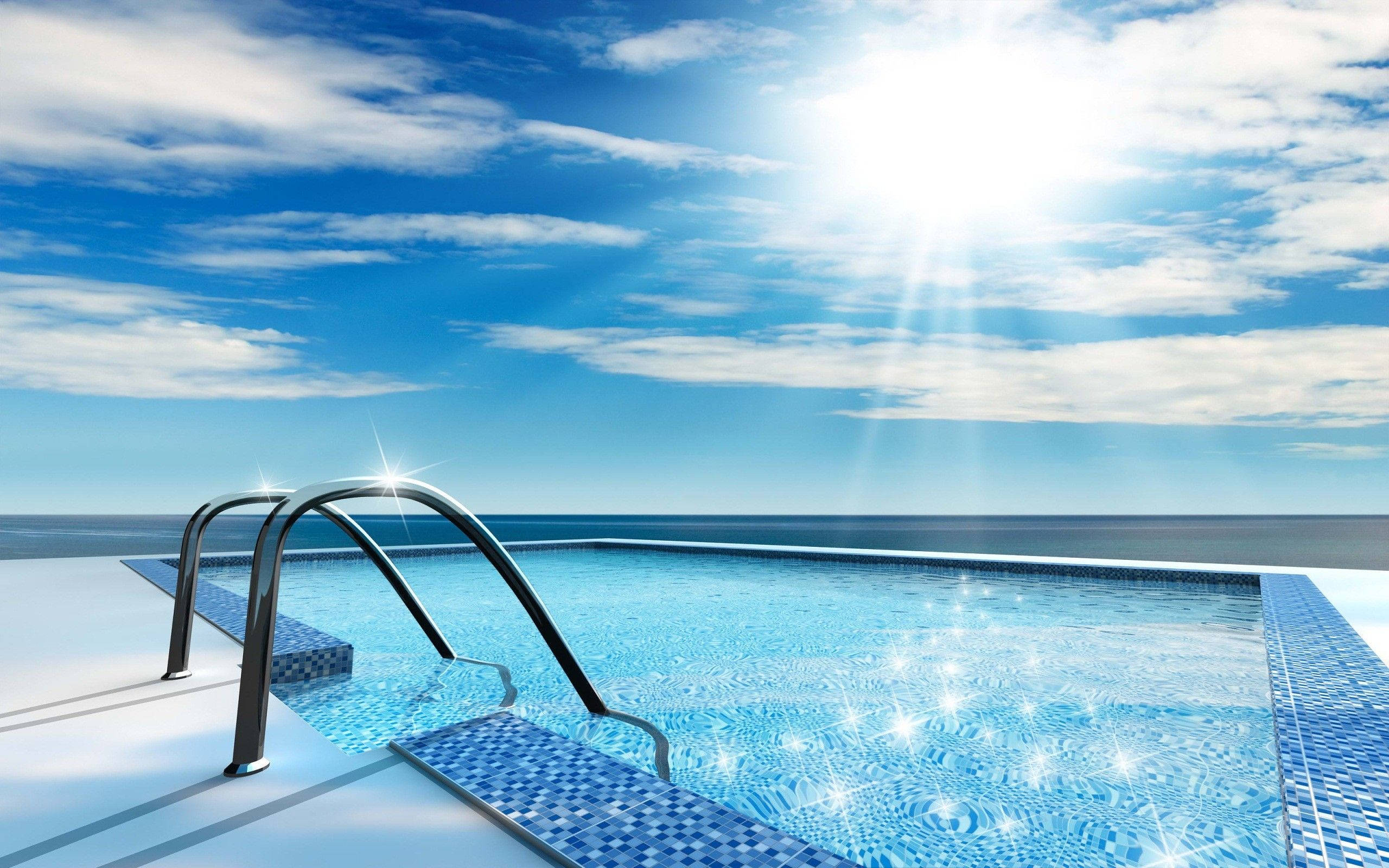 bright sun, swimming pool, blue mosaic tiles, 2K Desktop Wallpaper