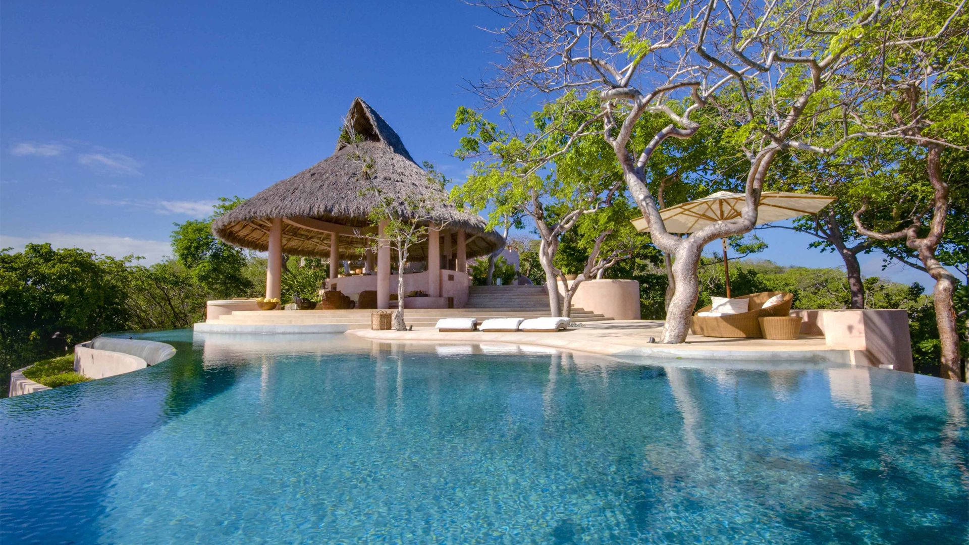 infinity pool, turquoise water, thatched-roof pavilion, Full HD Desktop Wallpaper