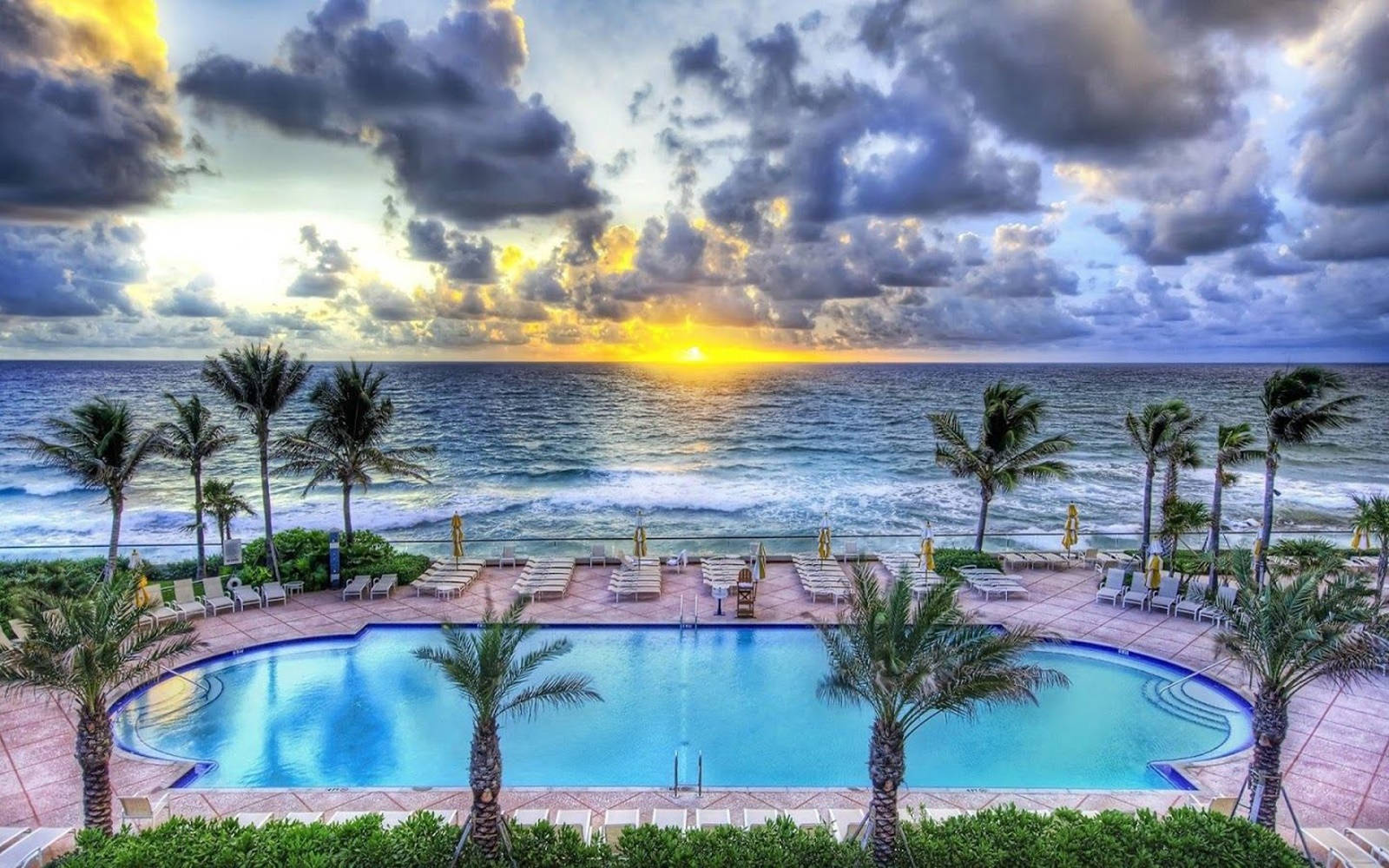 swimming pool, sunset, oceanfront resort, HD Desktop Wallpaper