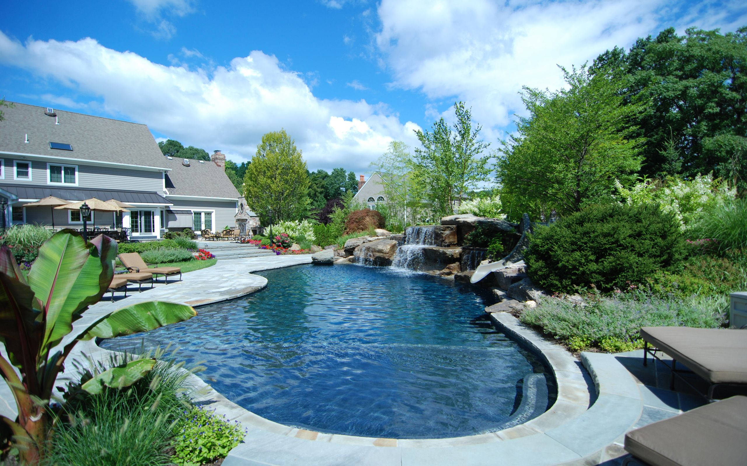 swimming pool, man-made falls, natural rock waterfall, 2K Desktop Wallpaper
