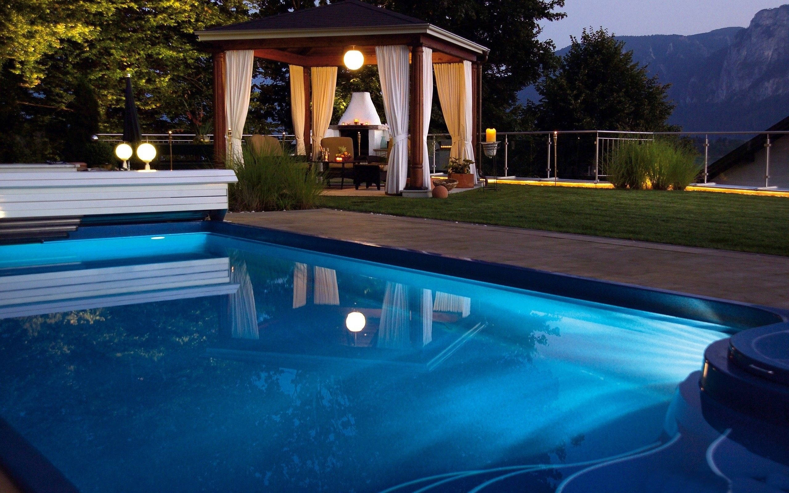 glowing blue pool, twilight, wooden gazebo, 2K Desktop Wallpaper
