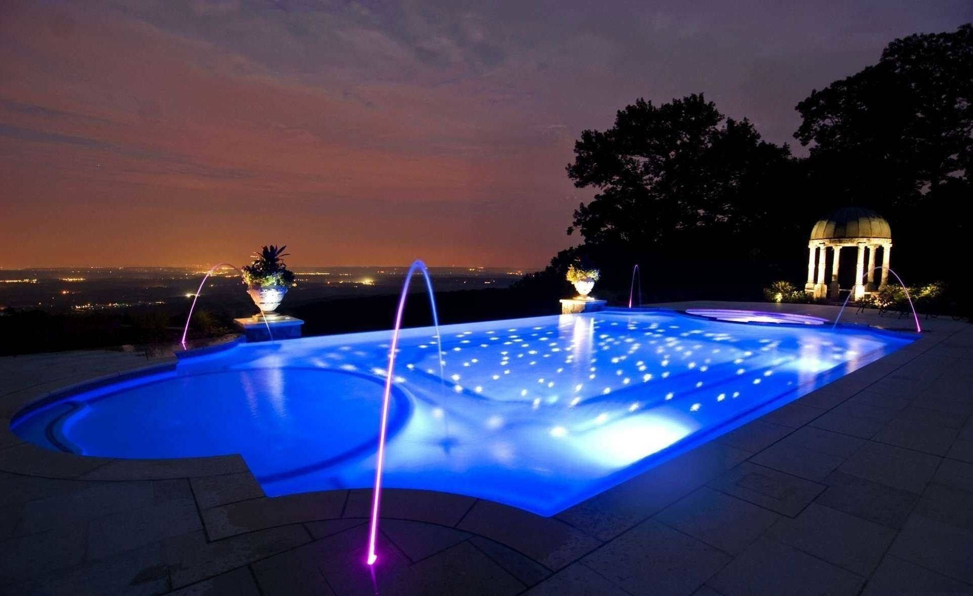 glowing blue infinity pool, twilight, purple water jets, HD Desktop Wallpaper
