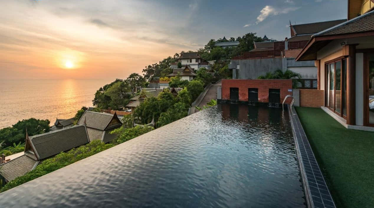 resort infinity pool, sunset, ocean, SD Desktop Wallpaper