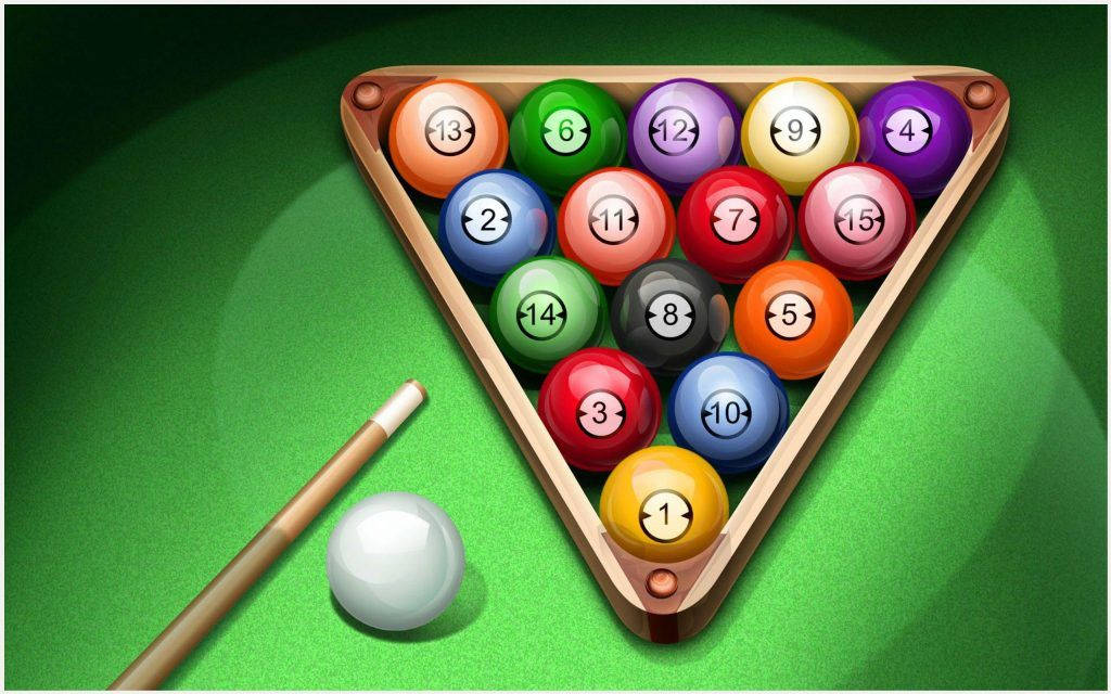 pool triangle rack, numbered balls, green felt table, SD Desktop Wallpaper