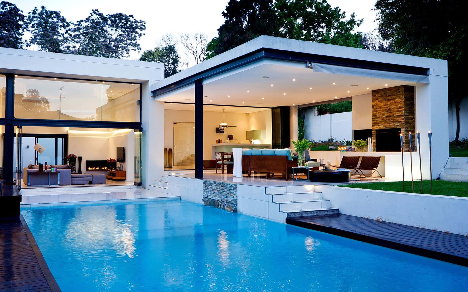 modern luxury house, open living area, white house, Full HD Desktop Wallpaper