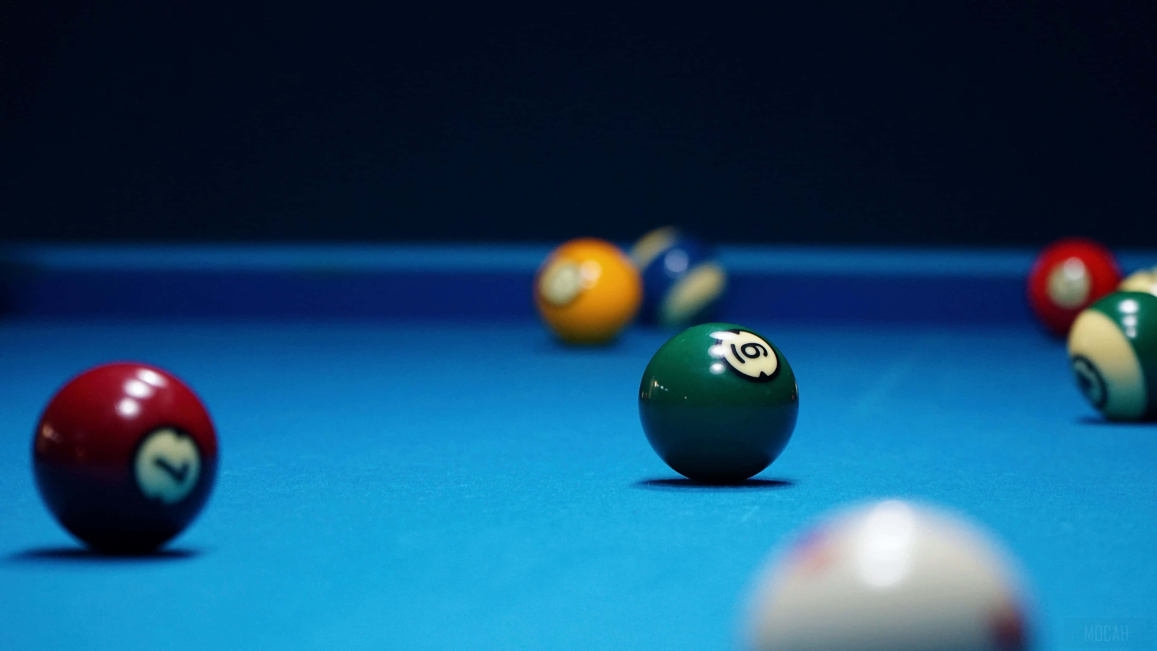 blue billiard pool table, colorful pool balls, vibrant blue felt, 4K Desktop Wallpaper