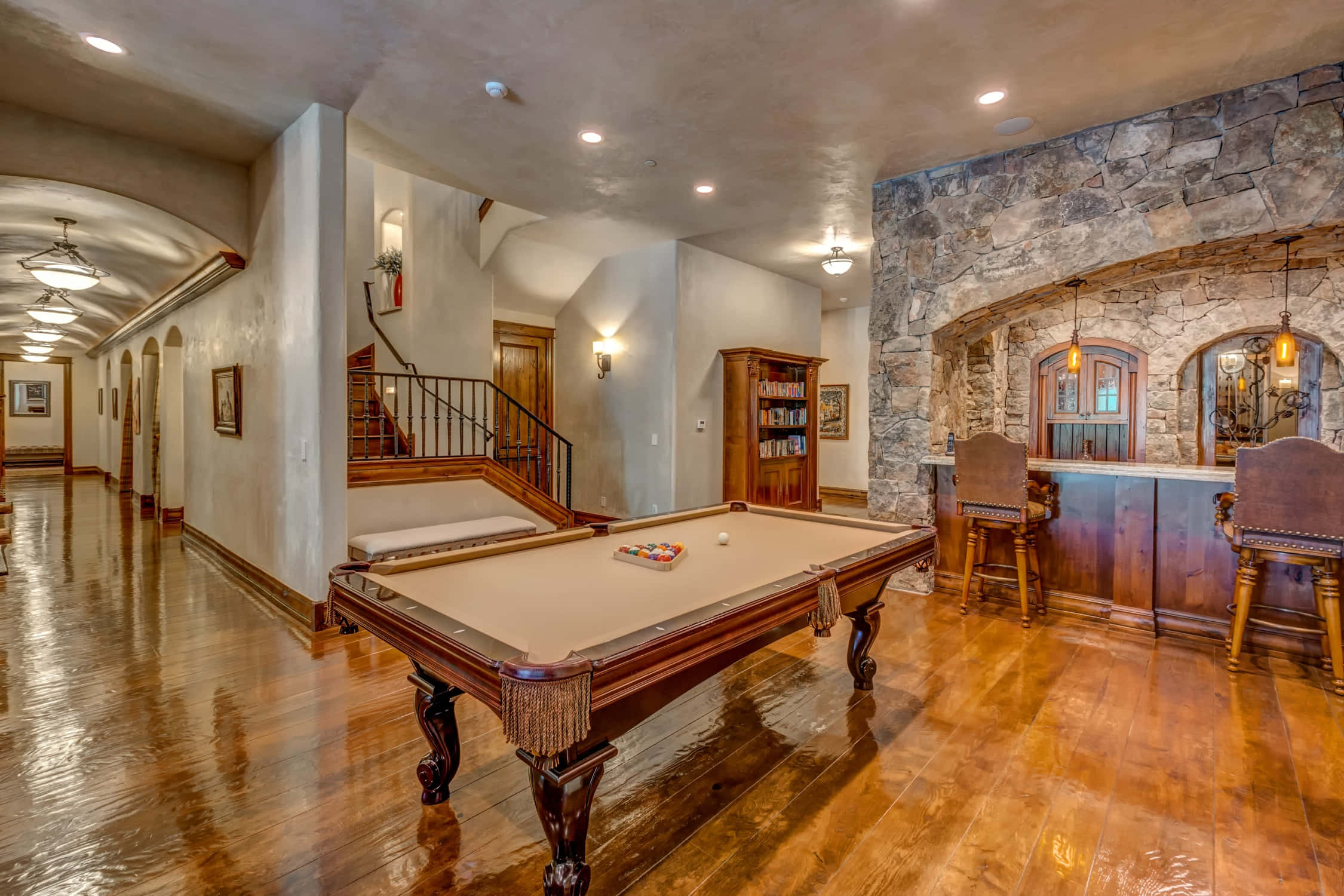 beige wooden pool table, polished wooden pool table, indoor game room, Full HD Desktop Wallpaper
