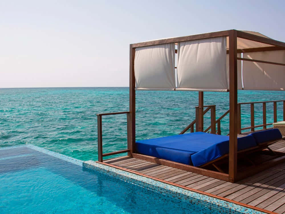 resort pool, beach, wooden deck, SD Desktop Wallpaper