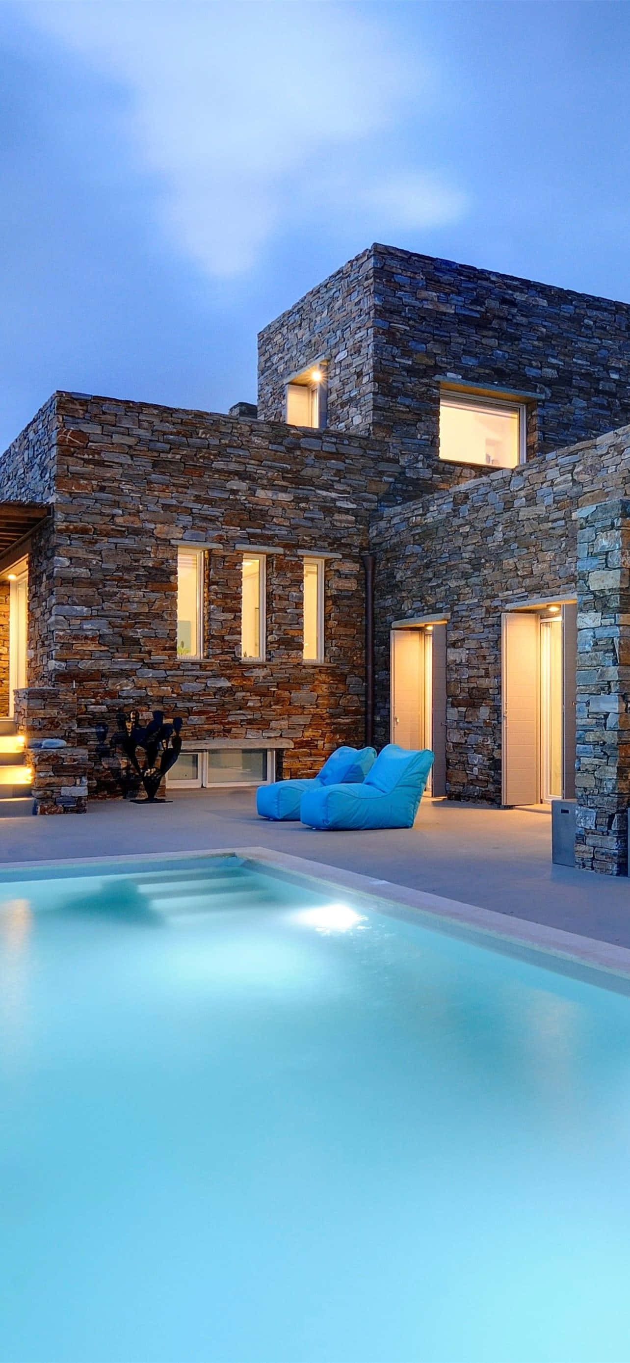 luxury house, pure stone brick walls, modern stone villa, 2K Phone Wallpaper