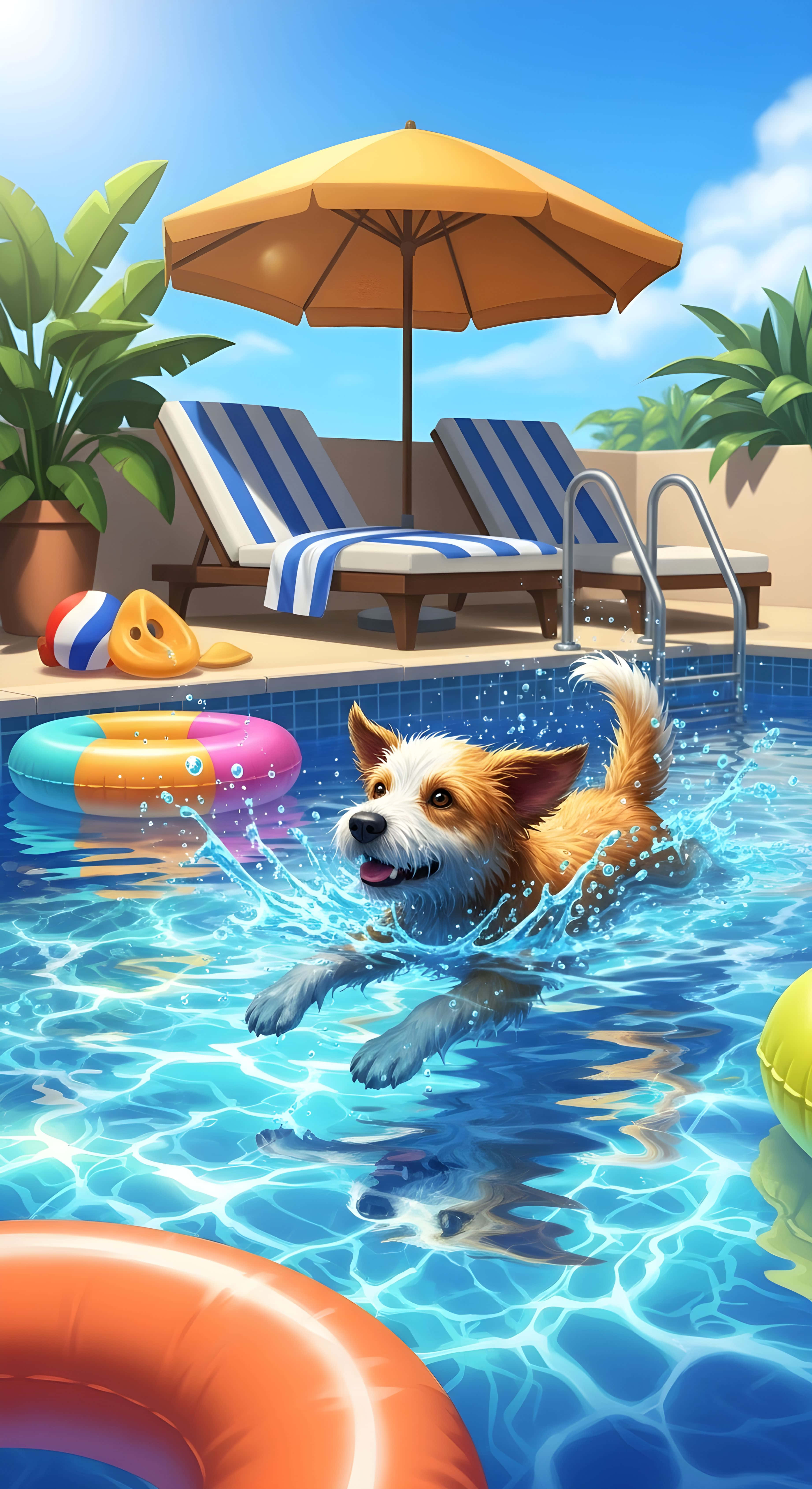 summer fun of the dog, fluffy dog, clear blue pool water, 5K Phone Wallpaper