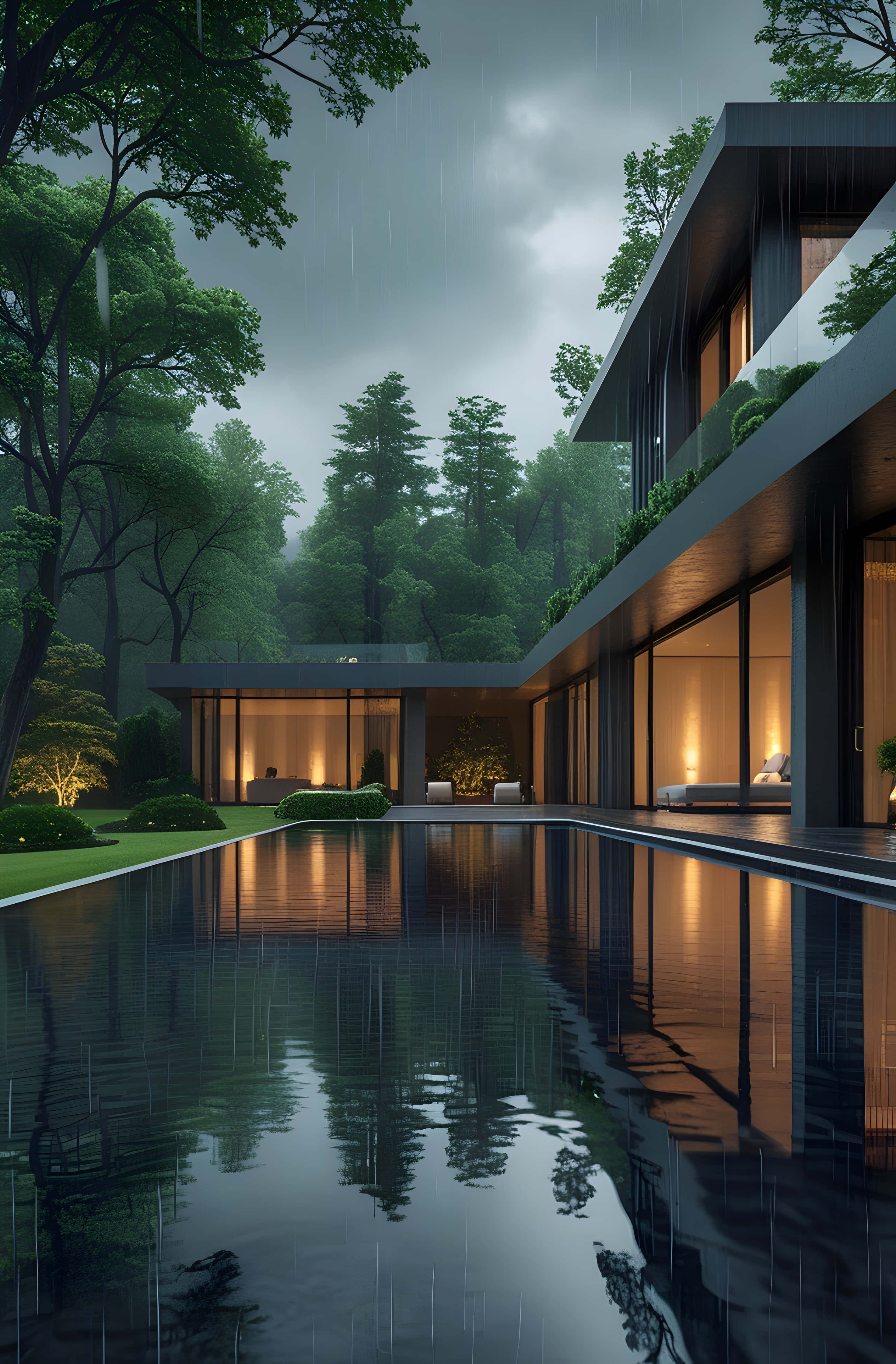 modern mansion, glass walls, long pool, 4K Phone Wallpaper