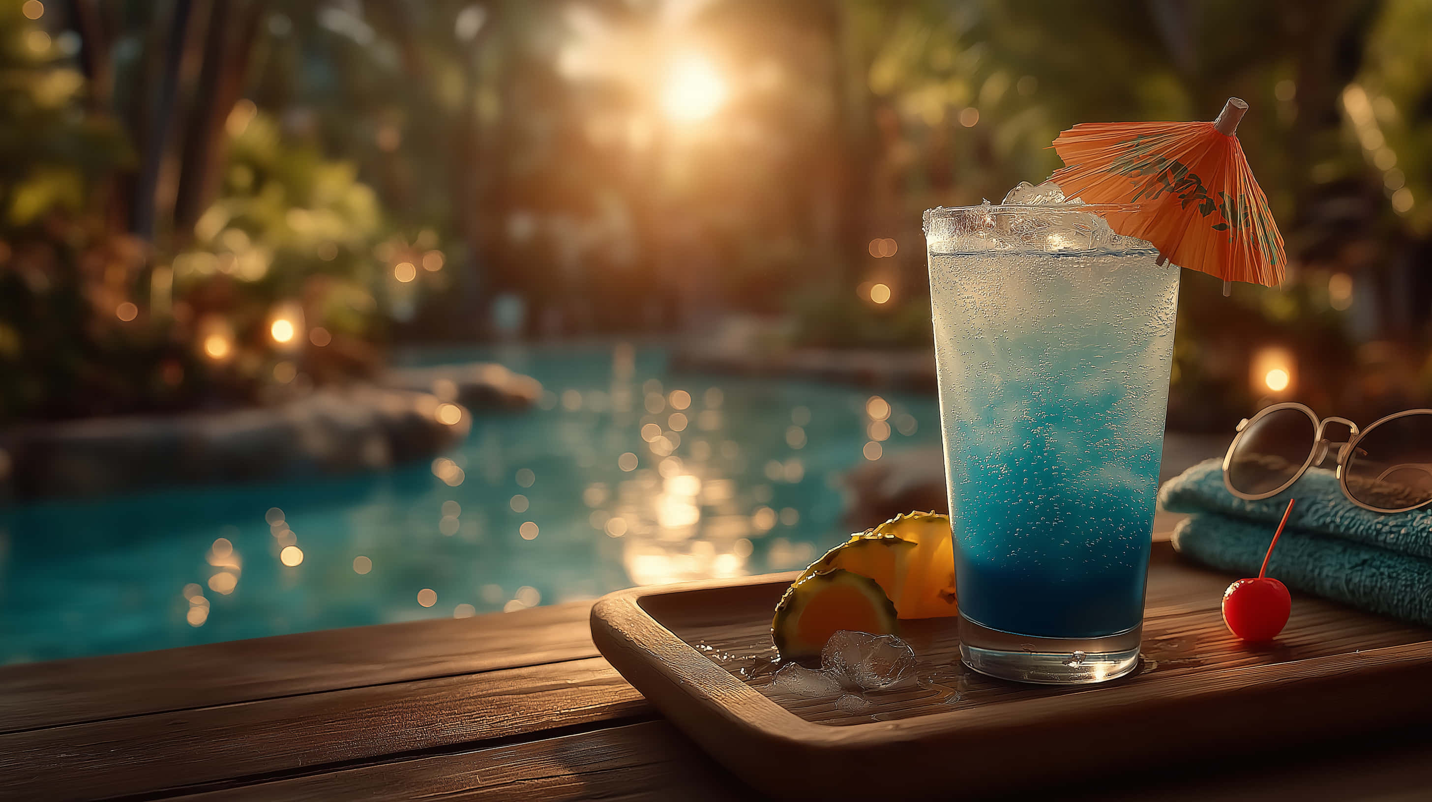 tropical pool, golden sunset, vibrant blue tropical drink, 2K Desktop Wallpaper