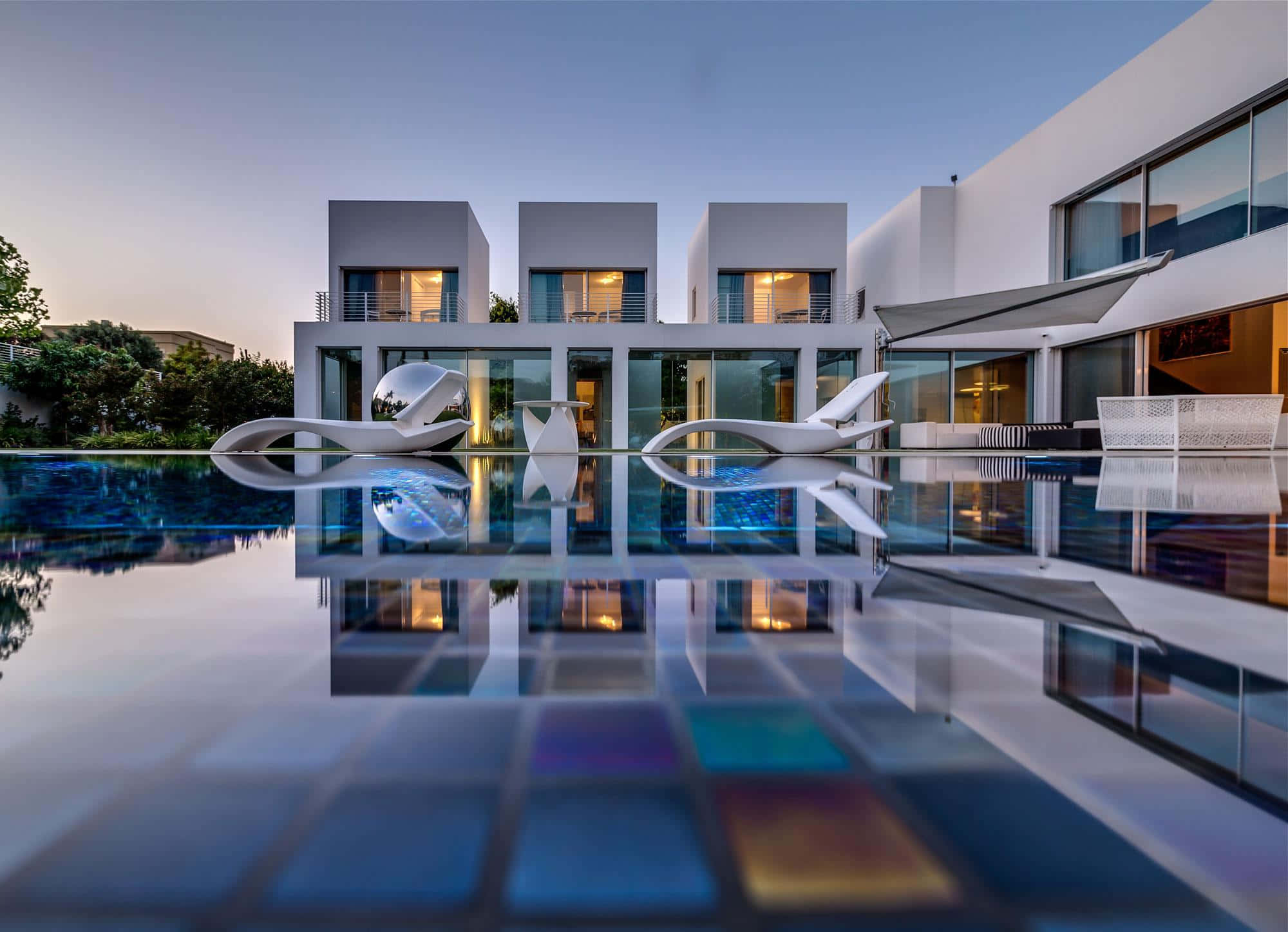 luxury house apartment, modern white villa, glass walls, Full HD Desktop Wallpaper