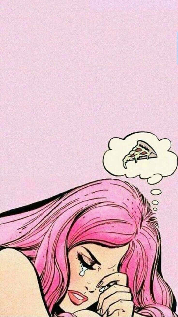pink-haired woman, pizza slice, thought bubble, HD Phone Wallpaper