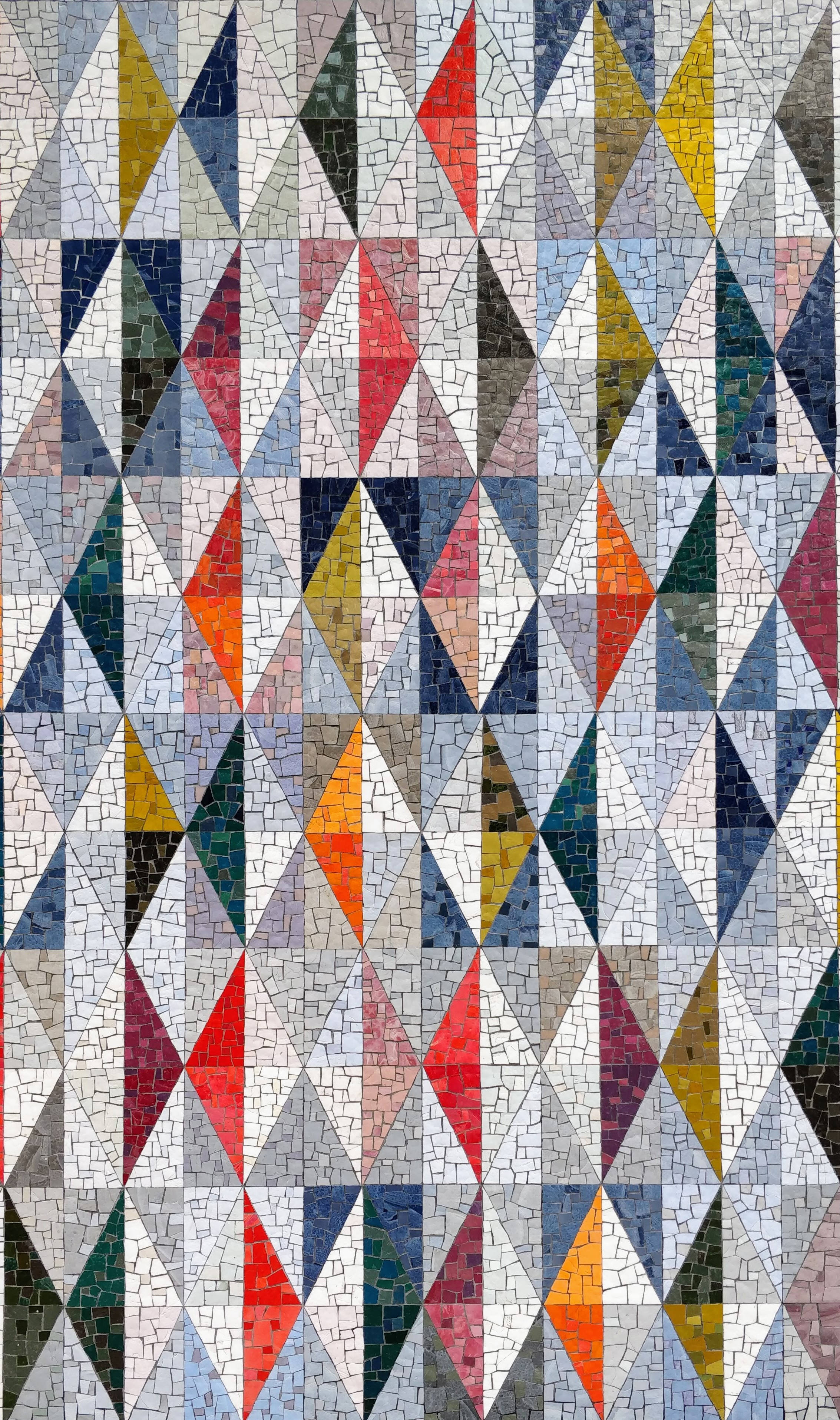 colorful triangular tiles, geometric mosaic pattern, repeating diamond formations, 2K Phone Wallpaper