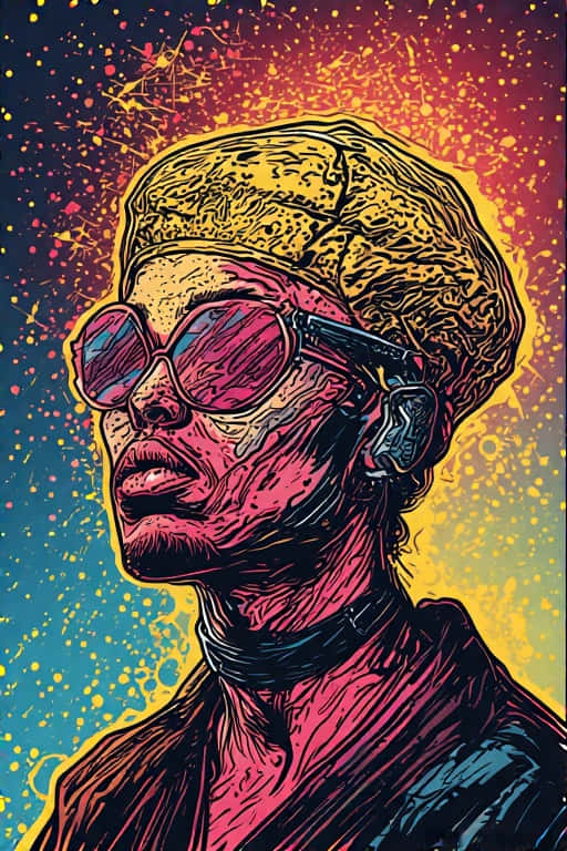 pink sunglasses, yellow headwrap, vibrant splatter background, SD Phone Wallpaper