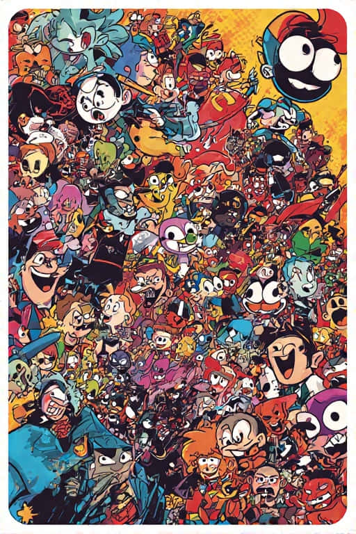 Cartoon Pop Art, colorful cartoon characters, vibrant chaotic collage, SD Phone Wallpaper