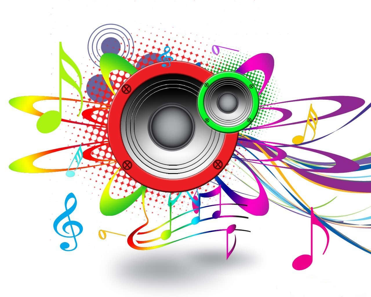 red and green speaker, rainbow-colored musical notes, abstract swirls, HD Desktop Wallpaper