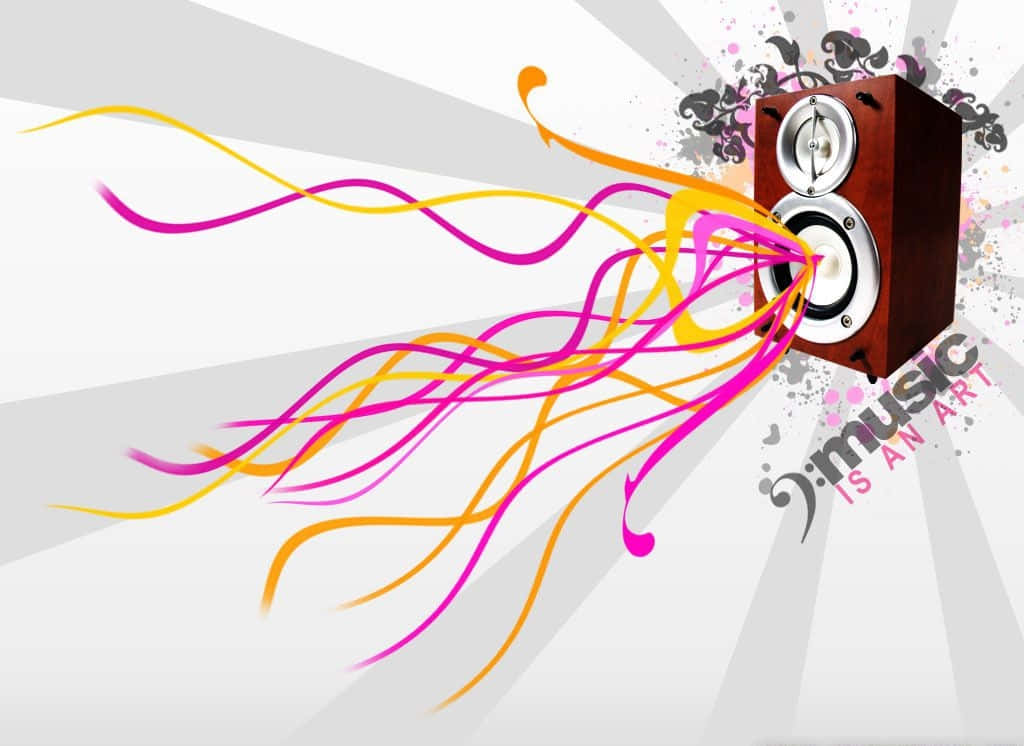 vibrant pink, yellow sound waves, wooden speaker, SD Desktop Wallpaper