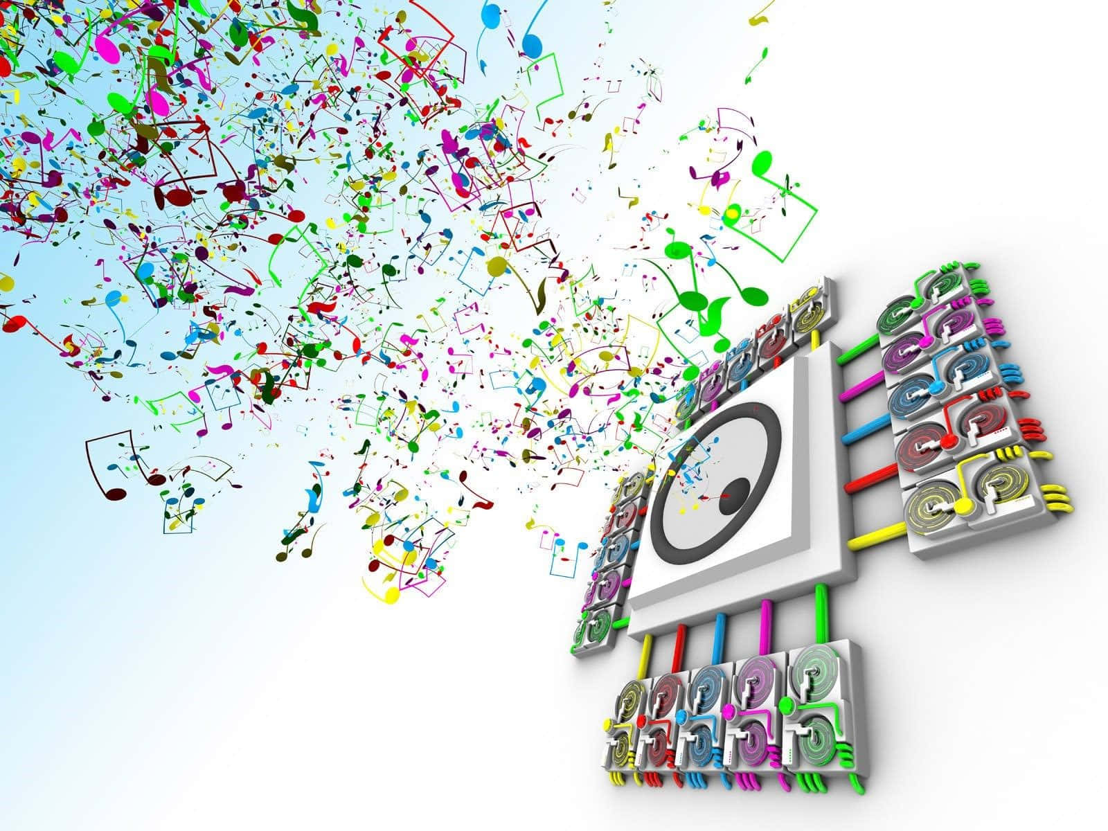 3d-rendered speaker, colorful musical notes, light blue sky, HD Desktop Wallpaper