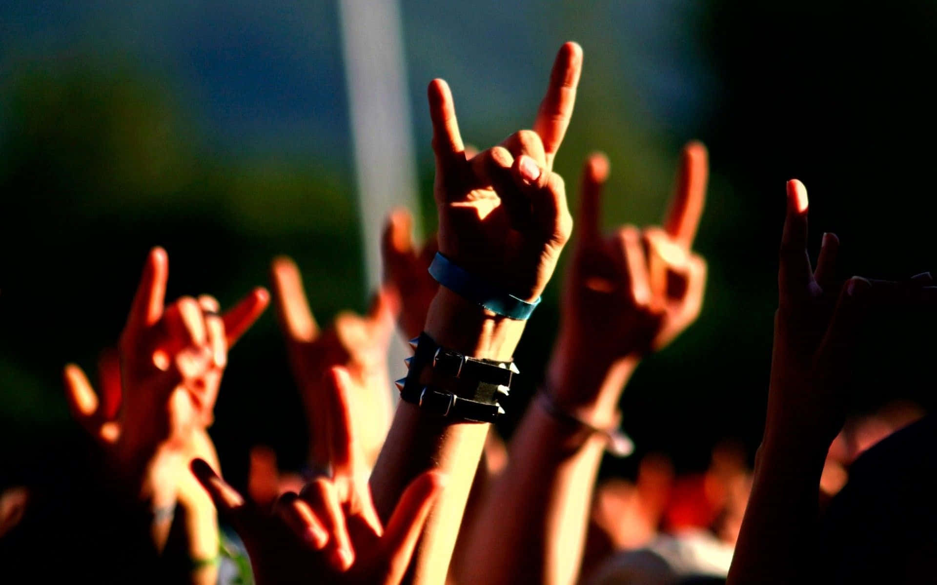 concert, hands raised in rock gesture, warm golden stage light, Full HD Desktop Wallpaper