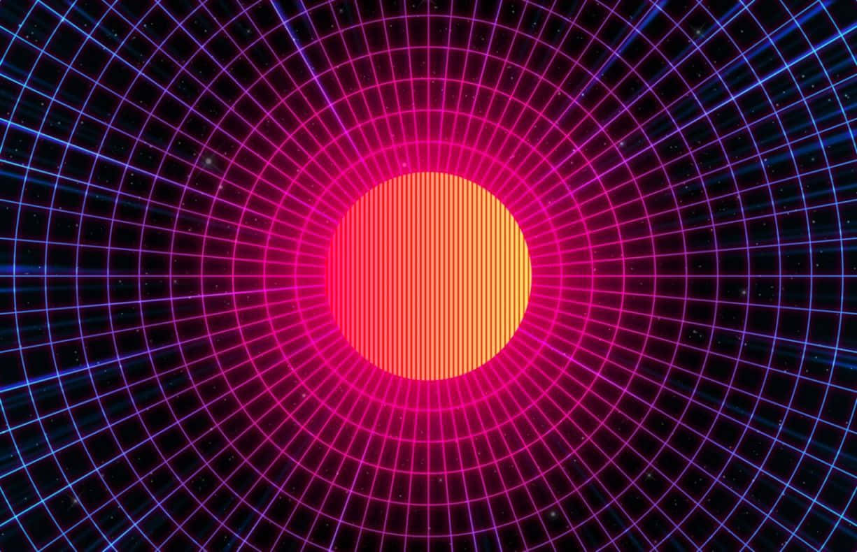 glowing orange circle, neon pink and blue grid, starry black void, SD Desktop Wallpaper
