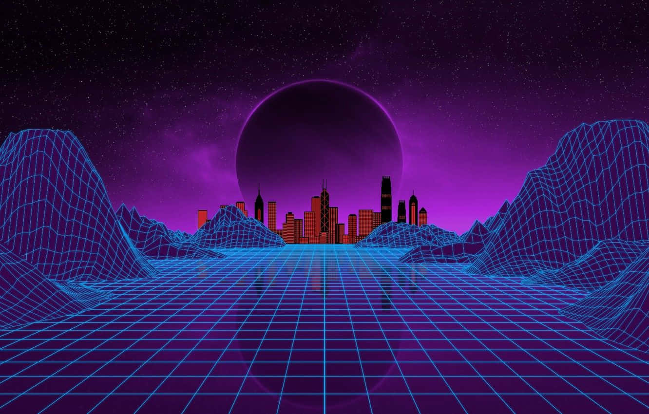 retrofuturistic city skyline, purple starry sky, large planet, HD Desktop Wallpaper
