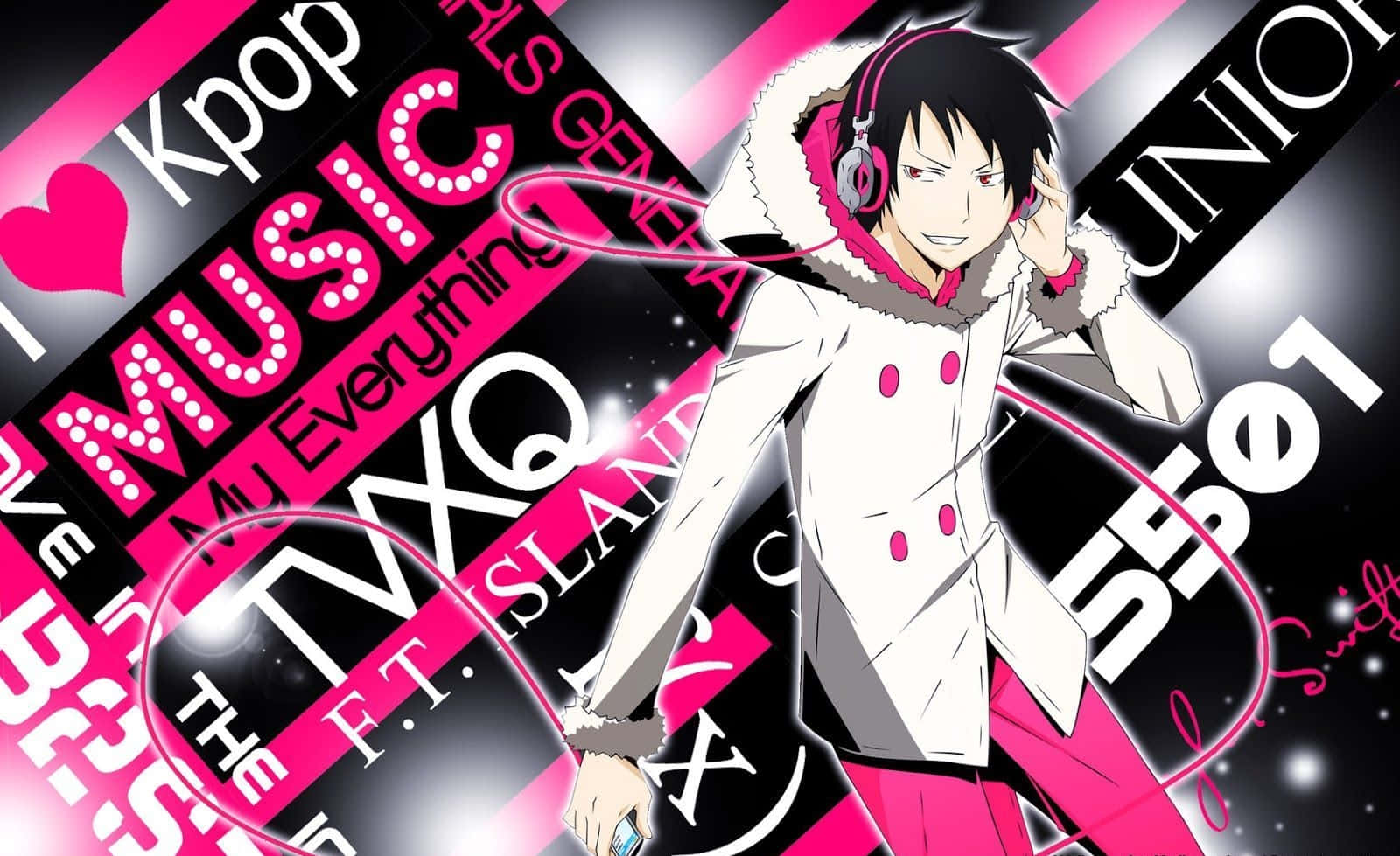 Anime boy, white coat, pink headphones, HD Desktop Wallpaper