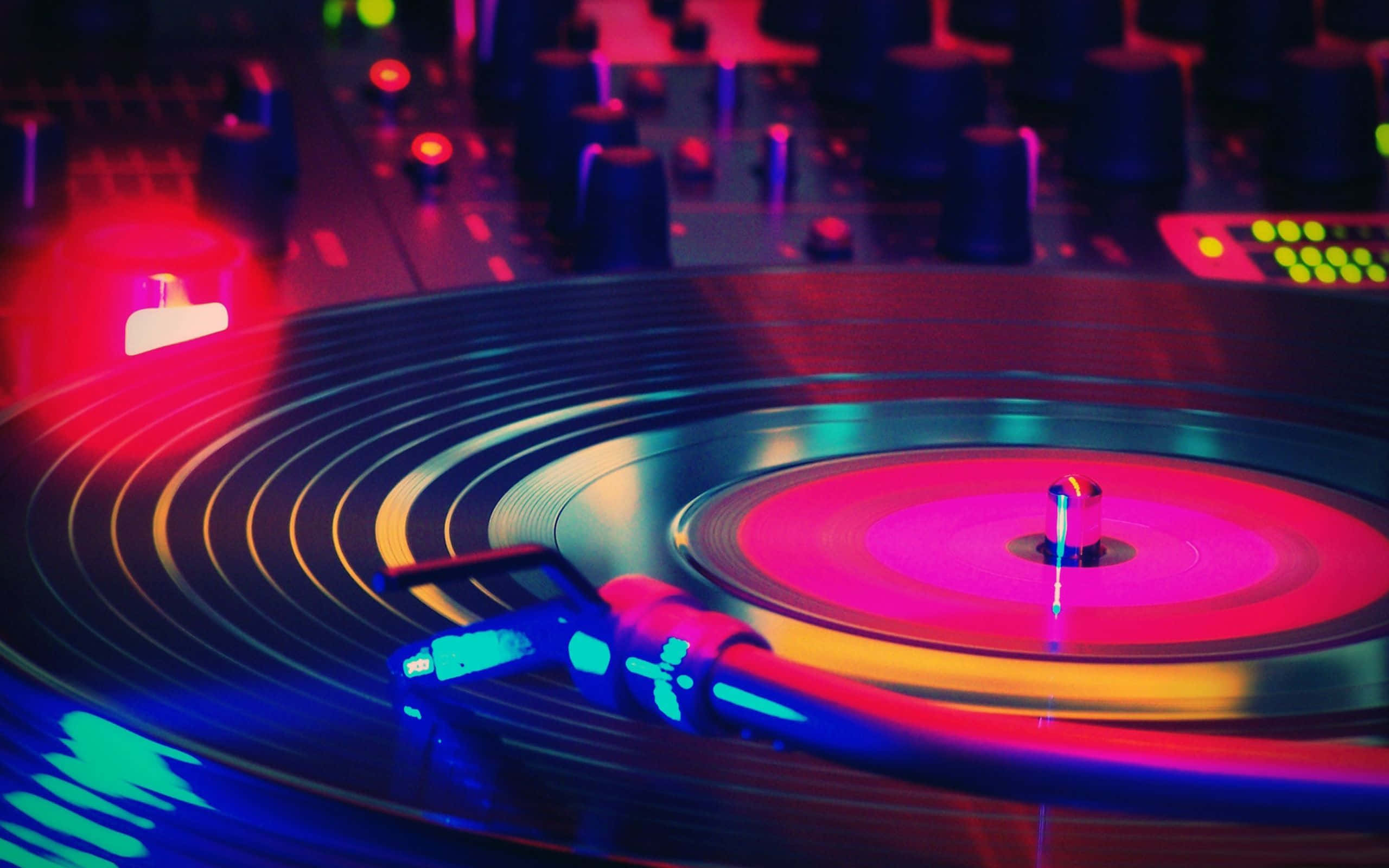 DJ turntable, neon lights, vinyl record, 2K Desktop Wallpaper