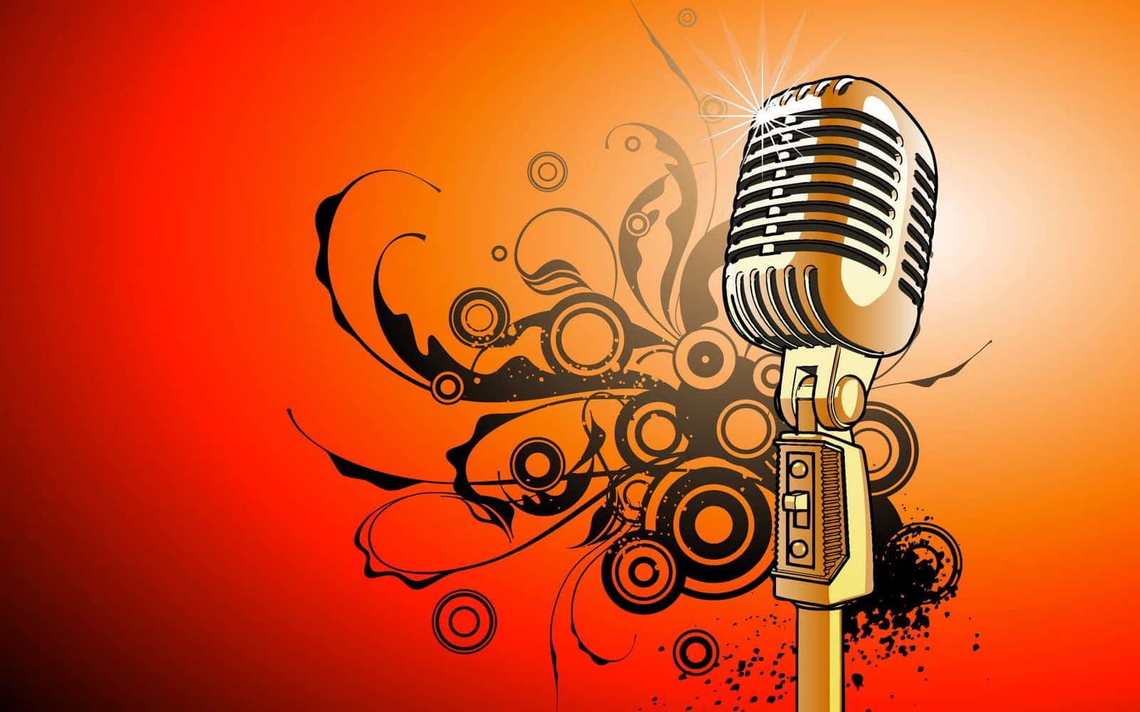 vintage golden microphone, fiery orange gradient backdrop, swirling black abstract patterns, HD Desktop Wallpaper