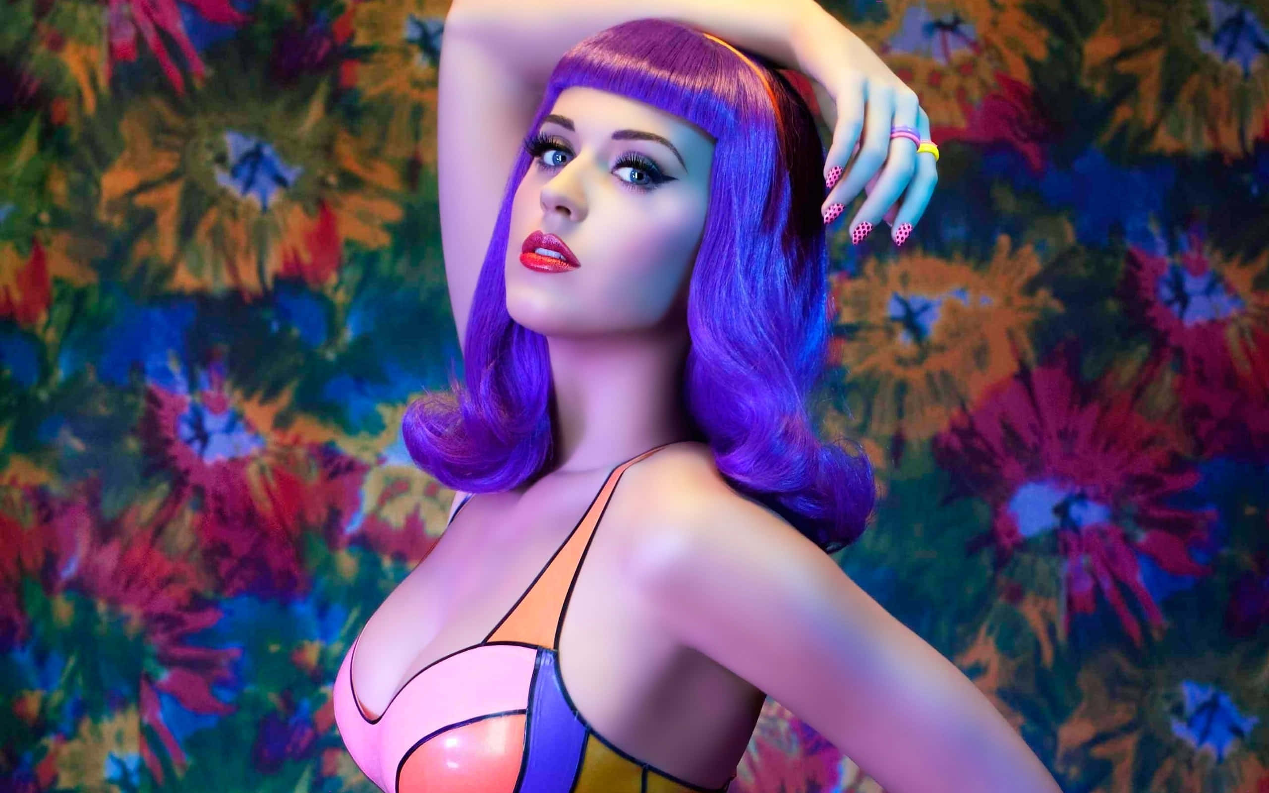 vibrant purple hair, psychedelic floral backdrop, bold colors, 2K Desktop Wallpaper