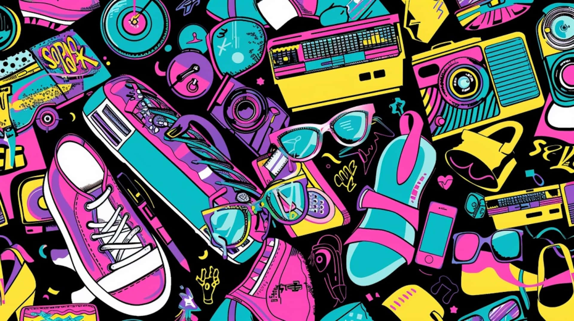 retro pop culture, 80s gadgets, pink, Full HD Desktop Wallpaper