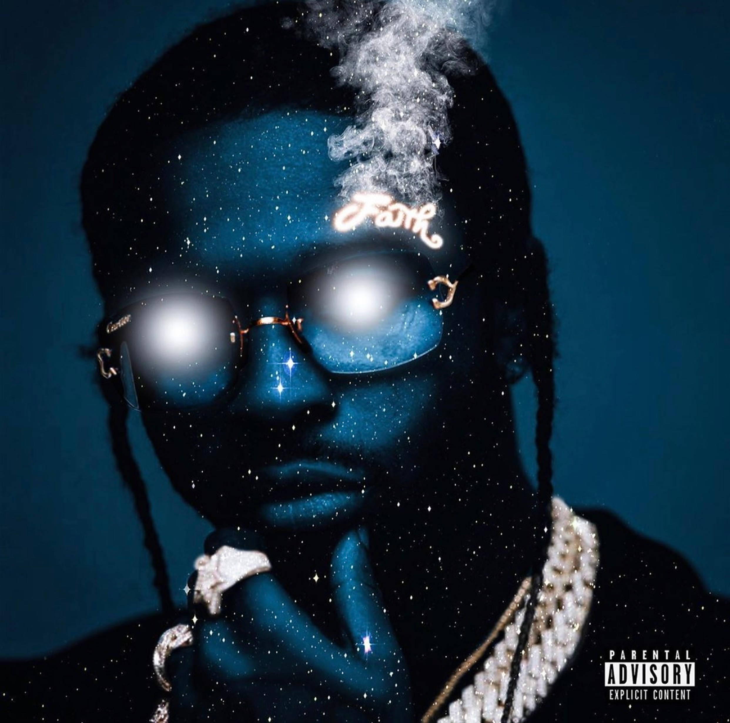 Pop Smoke, blue glitter, glowing glasses, Full HD Desktop Wallpaper