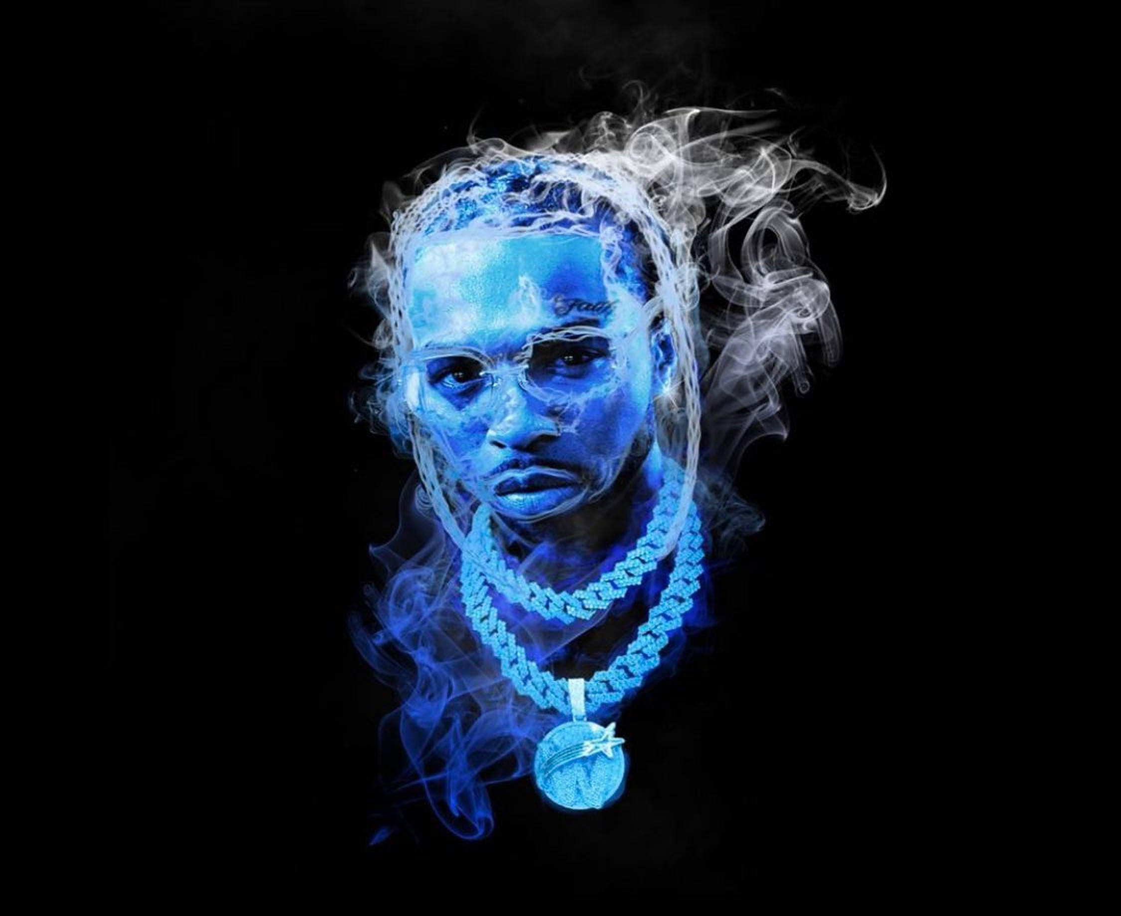 Pop Smoke, blue smoke, glowing blue portrait, Full HD Desktop Wallpaper
