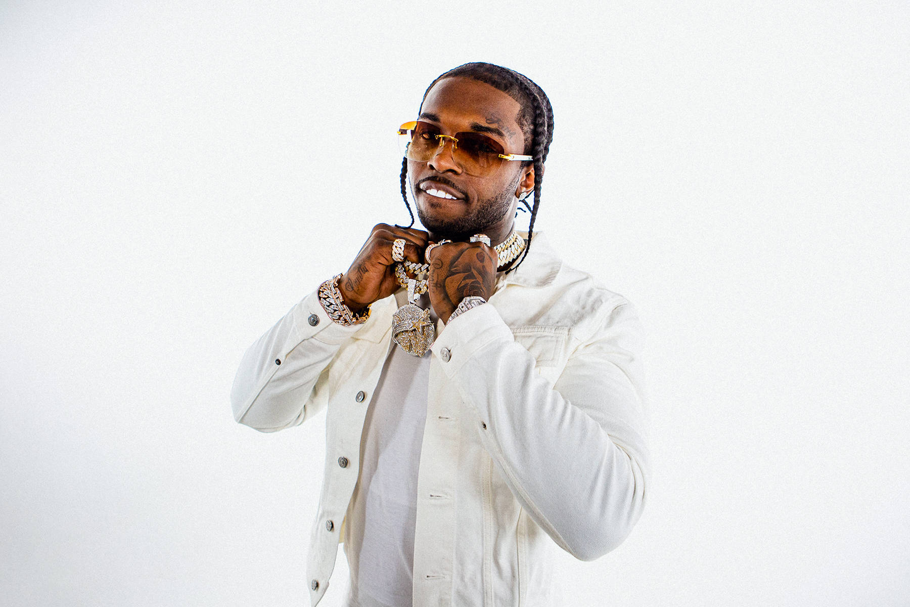Pop Smoke, white jacket, gold sunglasses, HD Desktop Wallpaper