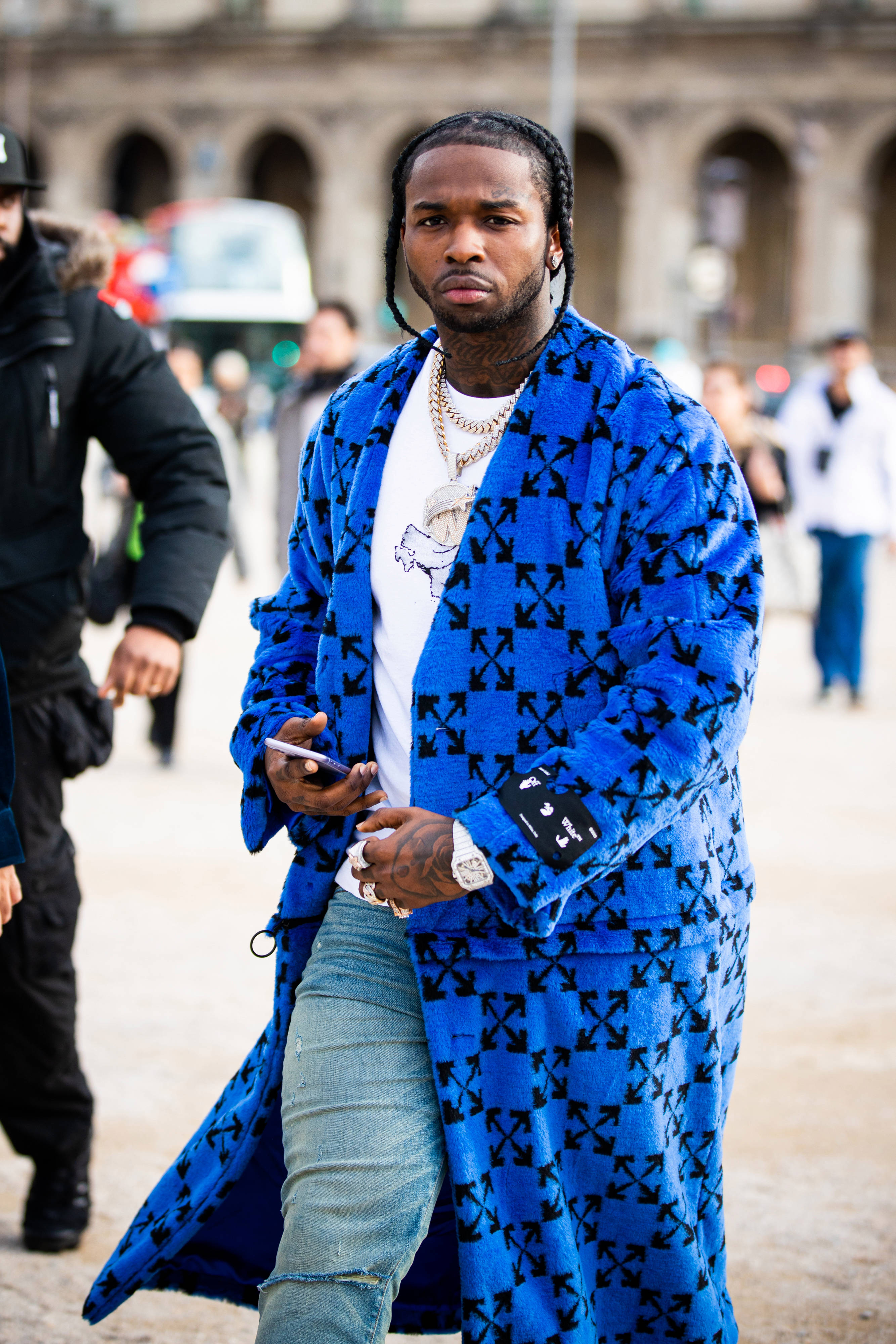 Pop Smoke, blue off white coat, bustling urban plaza, 4K Phone Wallpaper
