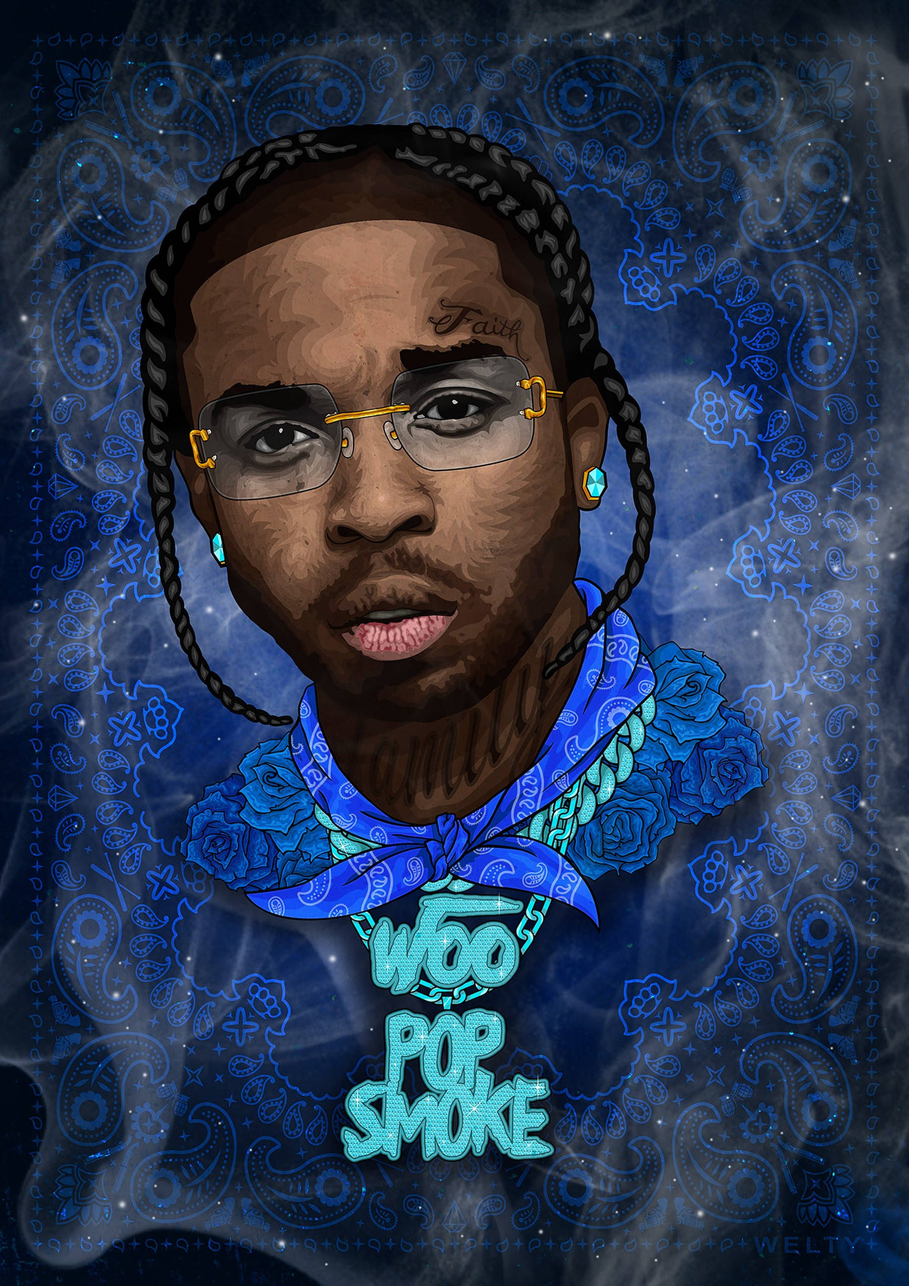 Pop Smoke, blue bandana, gold-rimmed glasses, Full HD Phone Wallpaper