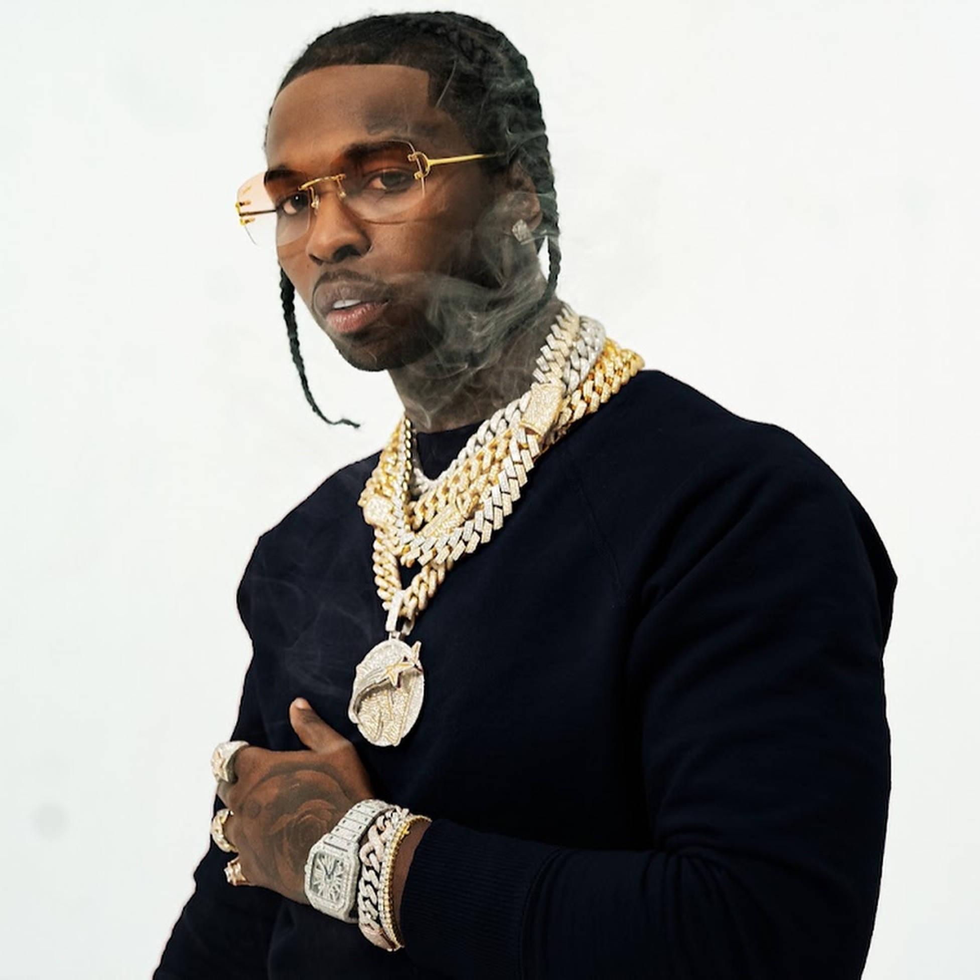 Pop Smoke, braided hair, gold-rimmed glasses, Full HD Desktop Wallpaper
