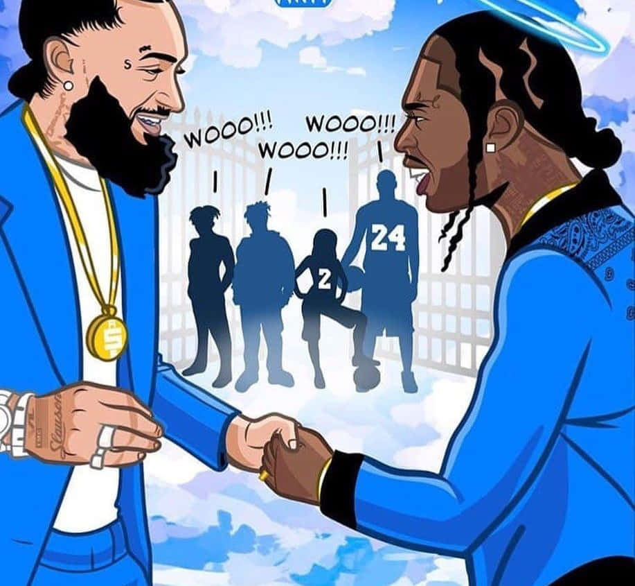 Pop Smoke, blue suits, silhouetted basketball players, SD Desktop Wallpaper