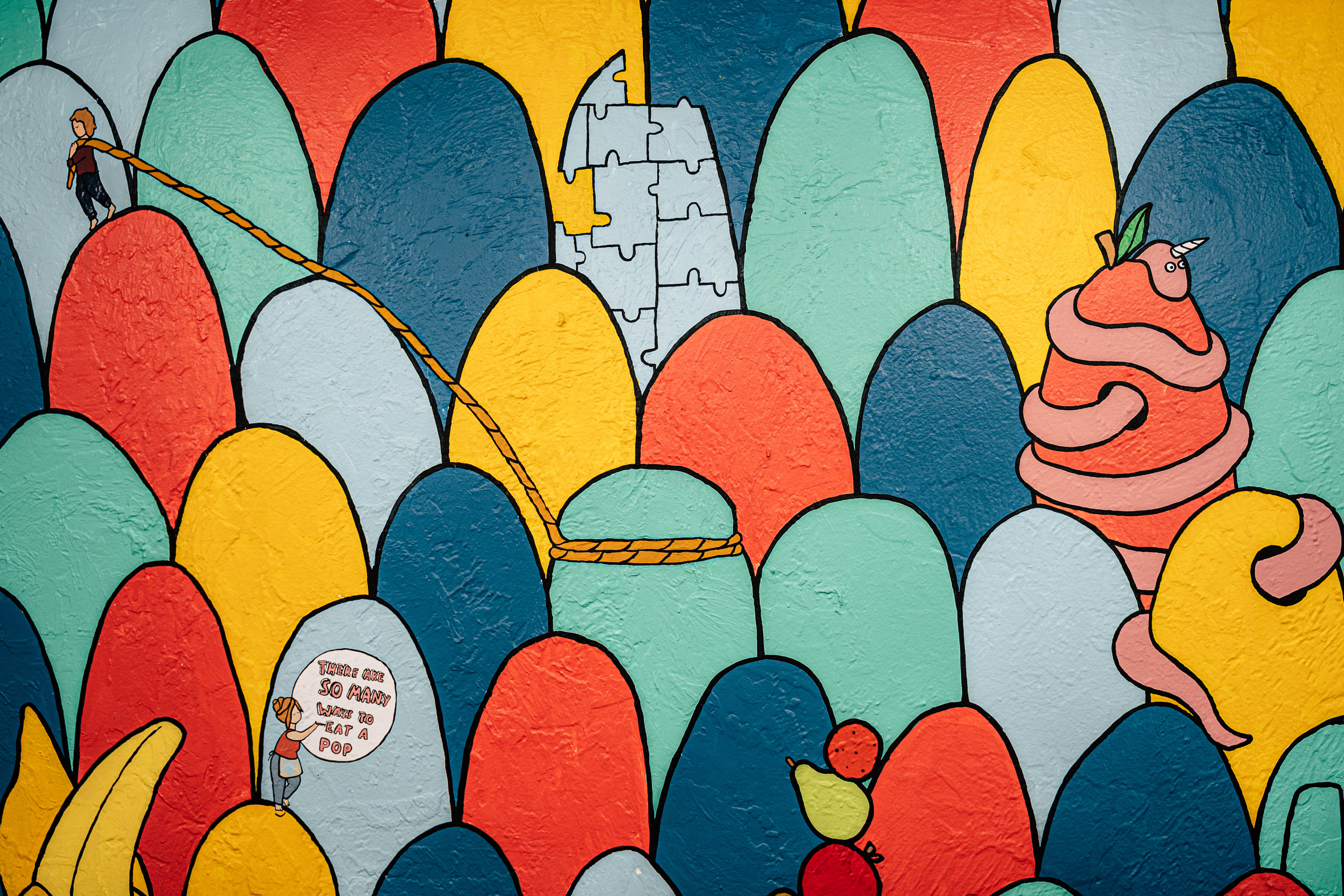 Cartoon Pop Art, vibrant mural, stylized colorful hills, 5K Desktop Wallpaper