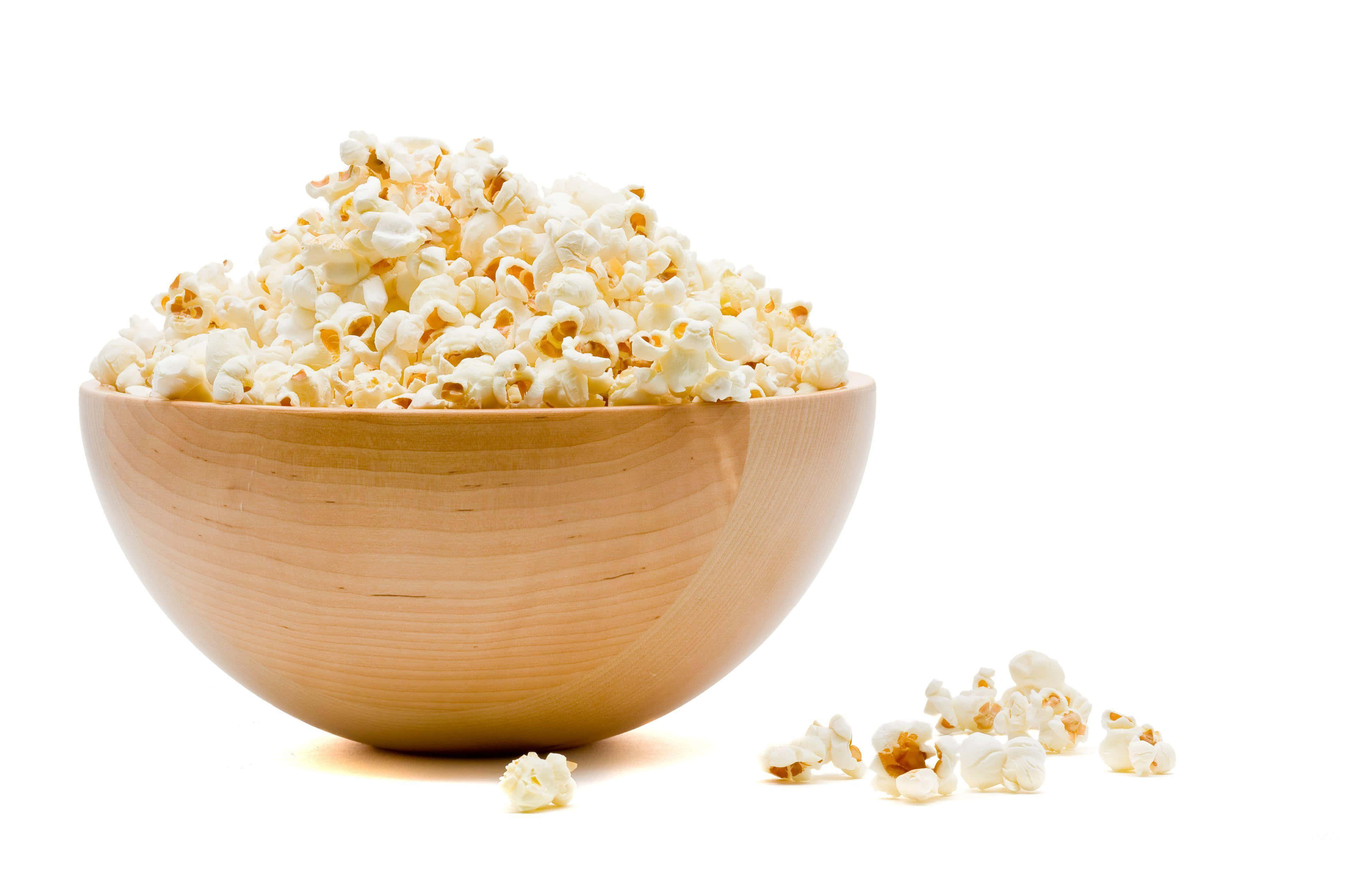 wooden bowl, fluffy white popcorn, stark white background, 4K Desktop Wallpaper